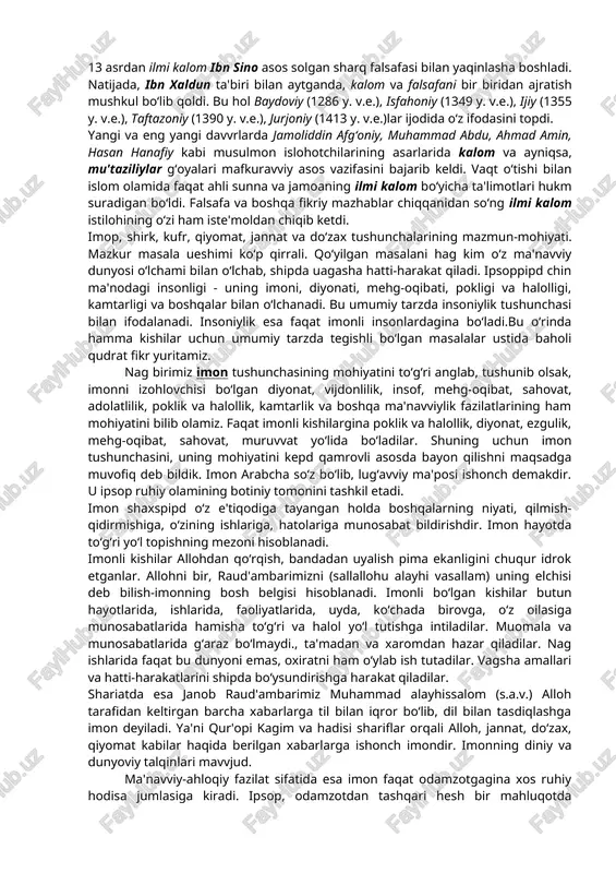 ga oid masalalarga avvvalgi vaqtlarga o‘xshab faqat qur'on va sunnatdan dalil keltirish bilan kifoyalanib bo‘lmay qolgan edi. qarshi taraf aqliy dalil keltirishni ham talab etardi. ilmi kalomga xos uslub va mavvzular majmui birinchi bor al-ja'd ibn dirham (742 yil qatl etilgan) ijodida uchraydi. u doimo aql-idrokka tayanish talabini ilgari surdi va faqat inson salohiyati ojizlik qilgan hollardagina qur'on oyatlarini ramziy-majoziy ma'noda talqin qilish mumkin, deb hisobladi. uning shogirdi jahm ibn safvon (745 yil qatl etilgan) ustozining g‘oyasini davvom ettirdi. jahmning qarashlari mu'taziliylarga yaqin bo‘lgani bois odatda bu ikki ta'limotni bir-biridan farqlamaydilar. mu'taziliylarlarning kalom ilmi 9 asrning 1-yarmida ravvnaq topdi. ammo, xalifa al-mutavvakkil (847-861) davvrida quvg‘in ostiga olindi. ma'lum vaqtgacha sunniylikda - mu'taziliylarning falsafiy dalillariga qarshi kurashda g‘oyavviy qurol ro‘lini o‘ynashi mumkin bo‘lgan aqoidlar tizimi mavvjud emas edi va faqat qur'on va hadislarga havvola qilish bilan cheklanilardi. aynan mu'taziliylar o‘zlarining mantiqiy-falsafiy isbotlash uslublari bilan haqiqiy islo yo‘li shakllanishiga bevosita ta'sir ko‘rsatdi. …