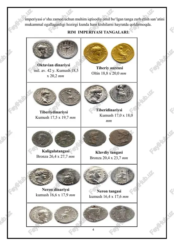 nda ham kishilarni hayratda qoldirmoqda. [1: http://www.ziyonet.uz ] rim imperiyasi tangalari: oktavian dinariysi mil. av. 42 y. kumush 18,5 x 20,2 mm tiberiy aureusi oltin 18,8 x 20,0 mm tiberiydinariysi kumush 17,5 x 19,7 mm tiberidinariysi kumush 17,0 x 18,0 mm kaligulatangasi bronza 26,4 x 27,7 mm klavdiy tangasi bronza 20,4 x 23,7 mm neron dinariysi kumush 16,6 x 17,9 mm neron tangasi kumush 16,4 x 17,6 mm neron dinariysi kumush 19,2 x 20,9 mm oton dinariylari mil. av. 69 yanvar — aprel. kumush 17,1 x 18,0 mm vitelliy dinariylari mil. av. 69 y.kumush 17,0 x 18,0 mm vespasiandinariylari kumush 16,4 x 19,0 mm vespasiandinariysi kumush 18,6 x 19,5 mm vespasian dinariysi kumush 18,0 x 18,4 mm tit dinariysi kumush 17,6 x 18,4 mm tit dinariysi kumush 18,3 x 20,6 mm tit dinariysi kumush 18,5 x 19,1 mm tit dinariysi kumush 17,3 x 18,5 mm domitsian dinariysi kumush 17,4 x …