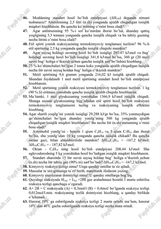keltirilgan moddalarda o2, kj, na2s, n2, br2, p2o5, ph3, h2o kimyoviy bog’lanish turlarini aniqlang. qutbli va qutbsiz molekulalarning elektronli sxemasini tuzing. 33. quyida keltirilgan moddalarning qaysilari kovalent boglangan? kcl, j2, nh3, o2, co2 molekulalarda elektron juftlar qaysi element atomiga tomon siljigan? 34. co2, nh3, hcl molekulalarining dipol momenti 0,01d; 0,056d; 1,03d ga teng. bu moddalar molekulalaridagi kimyoviy bog’lanish turini xarakterlang va ularning sxemasini tuzing. 35. quyidagi moddalar molekulasidagi bog’ning qutbliligini aniqlang: hcl, hbr, hj. 36. ch4, h2s, hf molekulalaridagi dipol' momentlari 0,0d; 0,1d; 1,10d, 1,91d ga teng. bu moddalar molekulalaridagi kimyoviy bog’lanish turini xarakterlang. 37. ch3oh dipol uzunligi 0,3*10-8 sm ga, ch3cl niki esa 0,39*10-8 sm ga teng. bu moddalar molekulalarining dipol momentlarini hisoblang. 38. ph3 va ash3 ning dipol momentlari 0,56d va 0,16d ga teng. bu moddalar molekulalarining dipol uzunliklarini hisoblang. 39. berilgan moddalar h2o,h2s, nh3, ph3, so2 molekulalarining qutbliligini qanday izohlash mumkin. 40. quyidagi moddalar kcl, cs2, co2, …