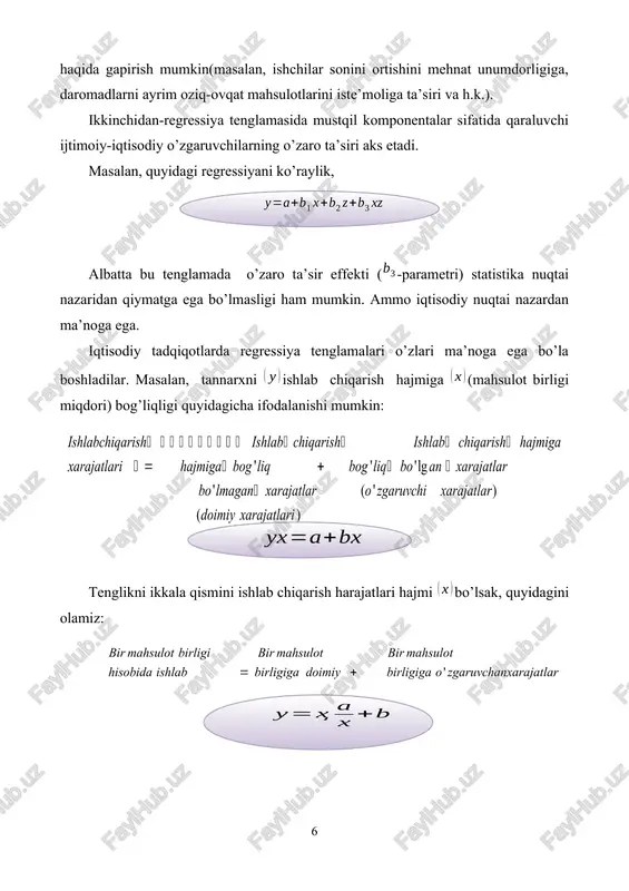 otlar bosqichlariga quyidagilarni kiritish mumkin. · muammoning qo’yilishi; · ma’lumotlar yig’ish, ularni sifatini tahlil qilish; · model xususiyatini aniqlash; · parametrlarni baholash; · echimlarni tushinish, muhokama qilish va amalga joriy etish. bu bosqichlar barcha tadqiqotlar uchun xos bo’lib, qanday ma’lumotlardan foydalanishidan qat’iy nazar va zamonga bog’liq bo’lmagan holda amalga oshiriladi. 1.3. modellashtirish tushunchasi, turlari hozirgi paytda iqtisodiy fan va amaliyot amaliy matematika yutuqlaridan tobora kengroq foydalanmoqda, ularni ilmiy tadqiqotlar qurolidan murakkab xo’jalik masalalarini samarali hal kilishning muhim vositasiga aylantirmoqda. zamonaviy iqtisodiyot nazariyasi ham mikro-, ham makrodarajada tabiiy, zaruriy element sifatida matematik modellar va usullarni o’z ichiga oladi. matematikadan iqtisodiyotda foydalanish iqtisodiy o’zgaruvchilar va ob’ektlarning eng muhim, ahamiyatli boѓlanishlarini ajratishga va formal tasvirlashga, iqtisodiyot nazariyasining qoidalari, tushunchalari va xulosalarini aniq va lo’nda bayon qilishga imkon beradi. ( model — bu shunday moddiy yoki xayolan tasavvur qilinadigan ob’ektki, qaysiki tadqiqot jarayonida haqiqiy ob’ektning o’rnini shunday bosadiki, uni bevosita o’rganish haqiqiy ob’ekt haqida …
