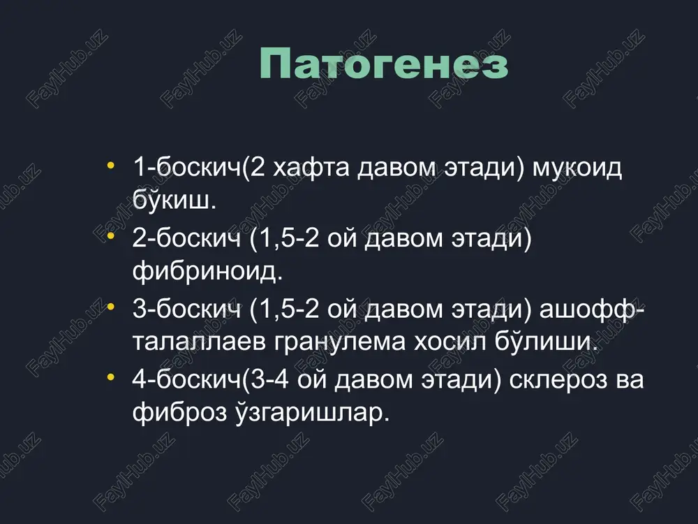 a ii ton ajralishi - mitral klapan ochilishi ovozi - epitsentri yurak cho'kkisida bo'lgan ii tondan so'ng kichik intervaldan keyin o'rta-past nizkochastotali diastolik shovkin ekg belgilari: chap bo'lmacha gipertrofiyasi chap korincha gipertrofiyasi mitral stenoz bilan ogrigan bemor elektrokardiogramma va fonokardiogrammasi mitral stenoz bilan ogrigan bemor yurak cho'kisidan elektro kardiogramma i standart ulanishda (yukorida) va fonokardiogramma (pastda) : ekgda kengaygan ikki o'rkachli r tishi (p-mitrale), fkgda yukori amplitudali i ton, mitral klapan ochilish toni (strelka bilan ko'rsatilgan), diastolik shovkin rentgen belgilari: - yurak mitral konfiguratsiyasi - chap bo'lmacha kattalashishi - chap korincha kattalashishi - o'pka gipertenziya (venoz va arterial) - chap korincha o'lchamlari me'yorida yoki kichraygan dekompensirlangan mitral stenoz bilan ogrigan bemor ko'krak kafasi rentgenogrammasi dekompensirlangan mitral stenoz bilan ogrigan bemor ko'krak kafasi rentgenogrammasi: operatsiyadan 1 oydan keyin (o'pkada deyarli butunlay dimlanish yo'kolgan). exokg belgilari: - mitral klapan tabakalari kalinlashishi, kaltsinozi,xordalar kaltalashishi - mitral klapan oldingi tabakasi erta yopilishi tezligining kamayishi …