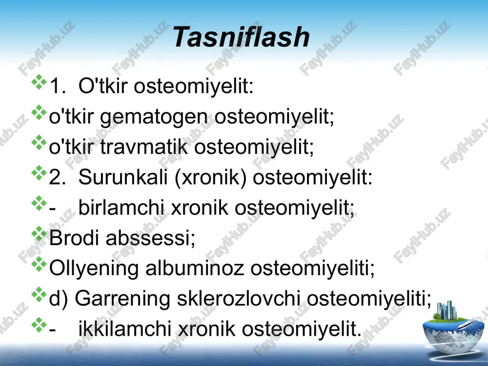 muvaffaqiyatli tugamaydi. o'tkir travmatik osteomiyelitning oldini olishda jarohatni jarrohlik yo'li bilan birlamchi tozalashni o'z vaqtida va to'g'ri o'tkazish muhim ahamiyatga ega. ikkilamchi surunkali osteomiyclit xronik osteomiyclit odatda kasallikning o'tkir jarayoni oqibatida paydo bo'ladi. suyak sekvestrlarining paydo bo'lishi unga xosdir. oqma yaralardan halok bo'lgan mayda-mayda suyak parchalari bilan birga yiring suyuqligi chiqib turadi. kasallik tez-tez qaytalanib turadigan (residivlik) xususiyatga ega. oraliq davrda (rcmissiya davrida) bemorning ahvoli mutlaqo qoniqarli bo'lishi mumkin. harorati norma atroflda bo'ladi, qon aylanish manzarasi ham normal holga keladi. bunday nisbiy qoniqarli ahvol yillarga cho'zilishi mumkin. harorati norma atroflda bo'ladi, qon aylanish manzarasi ham normal holga keladi. bunday nisbiy qoniqarli ahvol yillarga cho'zilishi mumkin. bemor hayotining har qanday daqiqasida boshlanishi mumkin bo'lgan xronik osteomiyelitni soat mexanizmiga ega va belgilangan vaqtda portlaydigan bomba deyishadi. infeksiyaning birdan avj olishiga jarohatlanish, sovqotish yoki organizmning zaiflashuvi sabab bo'lishi mumkin. kasallik zo'rayganda mahalliy qattiq og'riq paydo bo'ladi, tana harorati ko'tariladi, yumshoq to'qimalar flegmonasi avj …