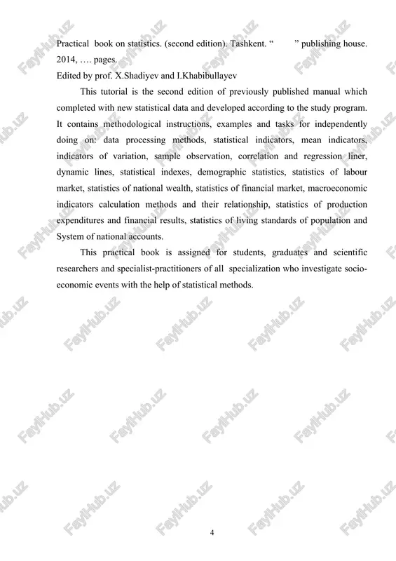 ogiya ischisleniya makroekonomicheskix pokazateley i ix vzaimosvyazi 263 xiv-glava statistika izderjek i finansovix rezultatov 284 xv-glava sistema natsionalnix schetov 300 xvi-glava statistika urovni jizni naseleniya 331 spisok literaturi 351 contest introduction..................................................................................................... 8 i-volume collecting, grouping, tables and charts in statistics 10 ii-volume statistical performance............................................. 23 iii-volume measures of central tendency....................... 35 iv-volume variation performance 52 v-volume survey sampling ..................................................................... 70 vi-volume correlation and regression liner........... 83 vii-volume time series................................................................... 104 viii-volume statistical indexes.................................................................. 125 ix-volume statistics of population.......................................................... 149 x-volume statistics of labor market .................................................... 166 xi-volume statistics of national wealth................................................... 188 xii-volume statistics of financial market……………………………... 213 xiii-volume calculation method of macroeconomic indicators and their correlation............................................................................... 263 xiv-volume statistical indicators of production and service sectors…….. 284 xv-volume system of national accounts ................................................. 300 xvi-volume statistics of living standards of population…………………. 331 reference list.......................................................................... 351 kirish o'zbekistonda innovatsion iqtisodiyotga hamda ta'lim dasturining sifat bosqichiga o'tilishi ilm muassasalarida ma'ruza va amaliy …