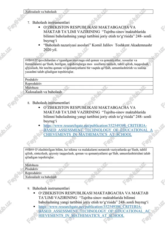 da bilimni baholashning yangi tartibini joriy etish toʻgʻrisida” 248- sonli buyrugʻi · https://www.researchgate.net/publication/352549398_criteria-based_assessment_technology_of_educational_achievements_in_mathematics_at_school ##q## bob boʻyicha summativ baholashning instrumentlariga kiradigan javoblarni tanlang 1. amaliy topshiriq 2. laboratoriya ishi 3. referat 4. ijodiy ish 5. diktant 6. yozma ish 7. konspekt 8. loyiha ishi 1,2,4,5,6,8 1,2,3,4,5,7 1,2,3,4,5,6,7,8 1,2,4,5,6,7,8 10. baholash mezonlari · oʻzbekiston respublikasi maktabgacha va maktab taʼlimi vazirining “tajriba-sinov maktablarida bilimni baholashning yangi tartibini joriy etish toʻgʻrisida” 248- sonli buyrugʻi · “baholash nazariyasi asoslari” komil jalilov toshkent akademnashr 2020 yil. · https://www.researchgate.net/publication/352549398_criteria-based_assessment_technology_of_educational_achievements_in_mathematics_at_school ##q## baholash materiallari qanday hujjatlar asosida tuziladi? 1. darslik 2. o‘quv dasturi 3. taʻlim standartlari 4. o‘quv reja 5. qoʻshimcha adabiyotlar 2,3,4 1,2,3,4 2,3,4,5 1,2,3,5 11. baholash mezonlari · oʻzbekiston respublikasi maktabgacha va maktab taʼlimi vazirining “tajriba-sinov maktablarida bilimni baholashning yangi tartibini joriy etish toʻgʻrisida” 248- sonli buyrugʻi · https://www.researchgate.net/publication/352549398_criteria-based_assessment_technology_of_educational_achievements_in_mathematics_at_school ##q## mezonlarga asoslangan baholash tizimiga oib javobni aniqlang har bir topshiriq mezonlari taʻlim maqsadlariga asoslangan mezonlar barcha topshiriqlarga …