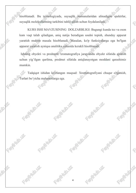 kkab yoki oddiy efir yordamida) bog’lanadi. oddiy efir bog’i murakkab efir bog’iga nisbatan mahsulot barqarorligini ko’proq ta’minlaydi, murakkab efir bog’i qutbli erituvchilar ta’sirida o’zgarishi, masalan gidrolizlanishi mumkin. masalan, oktadetsilsilan bilan qoplangan faza zarrachalarida uglevodorod zanjiri yupqa kremniy qavatiga ega shisha bilan oddiy efir bog’i yordamida bog’lanadi va bu teskari fazali sistemaning yuqori samaradorligini va mutlaq barqarorligini ta’minlaydi. xromatografiyani olib borishda bu zarrachalar ingichka kolonkaga joylashtiriladi (ichki diametri 2-4mm). uzunligi 1m gacha bo’lgan kolonkaga joylashtirilgan bunday mayda material, harakatchan faza oqimiga sezilarli qarshilik hosil qiladi, shuning uchun ham yuqori bosim ishlatiladi. odatda kolonkalar 20-30 sm uzunlikda, miqdoriy analizda oqim tezligi 1-3 ml/daqiqa, bosim 28 mpa gacha bo’ladi. hozirda samaradorligi yuqori bo’lgan 5mkm diametrli si zoldirlari mavjud bo’lib, ularning yuzasi 300 m2/g ga etadi. katta o’lchamli zarrachalarni kolonkalarga quruq holda, 5 mkm diametrli zarrachalarni esa suspenzion usulda to’ldiriladi. yuqori samarali suyuqlik xromatografiyasi - moddalarning murakkab aralashmalarini ajratishning samarali usullaridan biri. xromatografik ajratish …