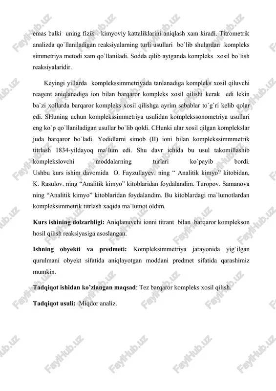 uvchilarda erish xususiyatiga egaligi ,masalan,suvda eruvchanligi bilan oddiy moddalardan ajralib turadi.komplekslarning infraqizilnur yutishini o’rganish orqali kompleks tarkibidagi atomlararo bog’lanish xarakterini bilib olish mumkin. [1] bular ichida tadqiqotchilar e’tiborini o’ziga jalb etadiganlari qatoriga komplekslarning rangi, elektr o’tkazuvchanligi, oksidlanish-qaytarilish xossalari, spektrlarining turlari, magnit xossalari kiradi. kompleks xosil qiluvchi sistema rangining o’zgarishi tekshirish orqali ko’pincha kompleks tarkibini va uning barqaror yoki beqaror ekanligini aniqlash mumkin. komplekslarning barqarorlik doimiylari eritmadagi zarralarning muvozanat konsentratsiyalarini hisoblash va komplekslarning nisbiy baxolash imkonini beradi. agar, masalan, organism biror metall birikmalari bilan o’ta to’yingan bo’lsa, bu odatda turli darajadagi zaxarlanishga olib keldi, organizmga turli antidote-zaxarsiz ligantlar (bazi kompleksonlar) kiritiladi. ular tanani zaxarlovchi metallar bilan barqaror eruvchan kompleslar xosil qilib, ularni organizmdan tabiiy yo’l bilan chiqarib yuboradi. agar aksincha organizmda qaysi bir metall yetishmayotgan bo’lsa (masalan kamqonlikda temir moddasini yetishmasligi), unda organizmga shu metallning o’rtacha barqarorlikdagi kompleks birikmalari yuboriladi. komplekssonlar tabiatda ko’p tarqalgan.masalan, o’simliklarning yashil qismida bo’ladigan va fotosintez amaiga …