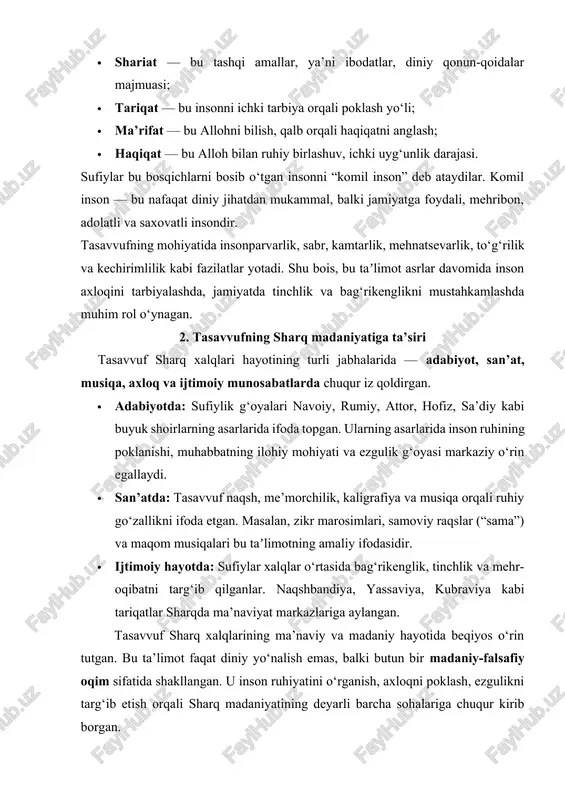 vonchni tasvirlaydi. jaloliddin rumiy, farididdin attor, hofiz sheroziy, sa’diy, alisher navoiy kabi buyuk shoirlar o‘z asarlarida tasavvuf falsafasini badiiy yuksaklikda ifoda etganlar. masalan, rumiy “masnaviy” asarida insonni allohga muhabbat orqali komillikka yetkazuvchi yo‘lni, navoiy esa “lison ut-tayr” dostonida ruhiy kamolot ramzi bo‘lgan sayohat orqali tasvirlaydi. tasavvuf musiqa va san’at sohasida ham alohida yo‘nalish yaratdi. zikr, qo‘shiq, maqom, “sama” deb ataluvchi ruhiy raqslar inson ruhini poklash, allohni yod etish vositasi sifatida qaralgan. xususan, yassaviy hikmatlarida musiqiy ohanglar va ma’naviy saboqlar uyg‘unlashgan bo‘lib, ular xalq orasida diniy-ma’rifiy qo‘shiq sifatida keng tarqalgan. me’morchilikda esa tasavvuf g‘oyalari ramzlar orqali ifoda etilgan. sufiylar uchun me’morchilik — bu ruhiy uyg‘unlik va go‘zallikning timsoli. masalan, maqbaralar, xonaqohlar, masjidlar va madrasalardagi naqshlar, arabesk uslublar ilohiy mukammallikni ifodalaydi. bahouddin naqshband maqbarasi, ahmad yassaviy majmuasi, najmiddin kubro maqbarasi kabi obidalar nafaqat diniy markaz, balki ma’naviy-ma’rifiy o‘choqlar bo‘lgan. tasavvuf axloq va ijtimoiy hayotga ham katta ta’sir ko‘rsatdi. sufiylar xalqqa yaqin bo‘lib, …