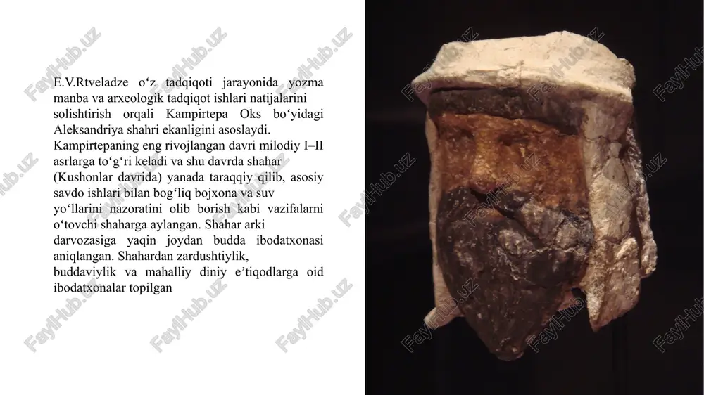 onskiy v baktrii i sogdiane. – s. 62; 2. mavlonov o'. markaziy osiyoning qadimgi yo'llari. – b. 103. 3. bolelov s.b. kampirtepa – antichnaya krepost na okse. – s. 107 4. tomascher w. central asiatische studien. sogdiana. –wien, 1877. –r. 8. 91 5. pidaev sh. qadimiy termiz. – toshkent: fan, 2001. – b. 10. 6. istoriya gosudarstvennosti uzbekistana. t.i. – s.161. 7. sverchkov l.m. ellinisticheskaya krepost kurganzol. – s. 96 – 98. image1.png image2.png image3.png image4.png image5.png image6.png image7.png /docprops/thumbnail.jpeg
