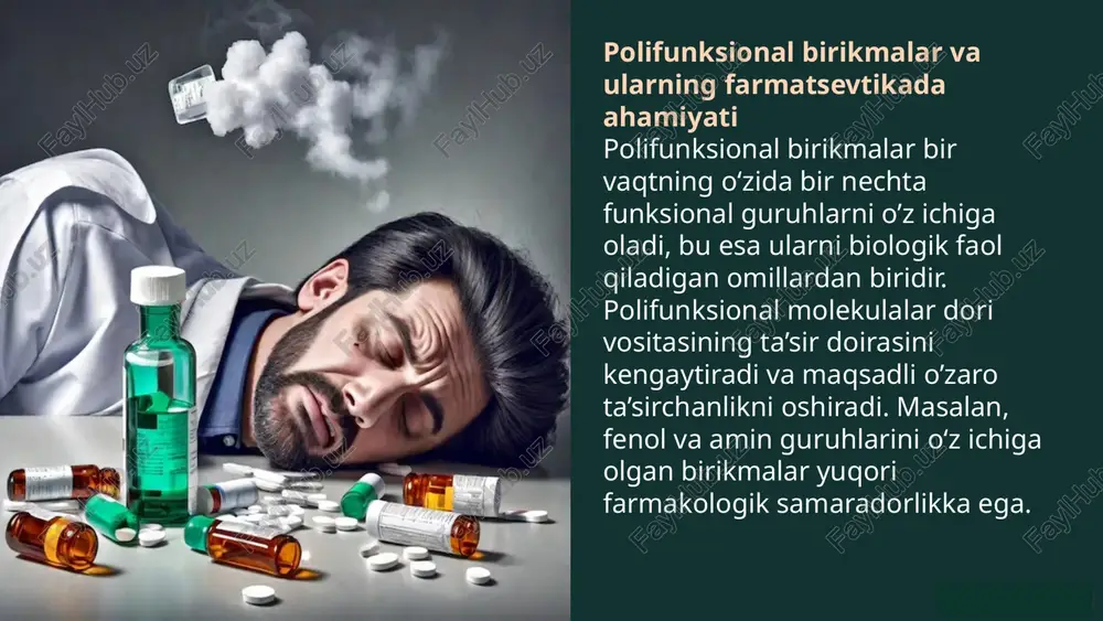 h oltuvchi faollik, farmakokinetik xususiyatlar, xavfsizlik va samaradorlikni baholash uchun dori molekulasini tekshirish. 13 xalqaro amaliyotda getero va polifunksional birikmalar asosida dori vositalarini yaratish 1 ilmiy tadqiqotlar getero va polifunksional birikmalar xususiyatlari bo'yicha xalqaro ilmiy hamkorlik va izlanishlar. 2 dori sintezi yangi potensial dorilar uchun sintez yo'llarini ishlab chiqish va optimallash. 3 klinik sinovlar sintez qilingan dorilarning klinik samaradorligini baholash, xavfsizligini tekshirish. 14 getero va polifunksional birikmalar asosida yoqilgan dori vositalarining afzalliklari yuqori biologik faollik getero va polifunksional birikmalar asosida sintez qilingan dorilar odatdagi dorilardan ko'ra yuksak biologik faollikka ega. selektivlik getero va polifunksional birikmalardan sintez qilingan dorilar, odatda, muayyan maqsadlarga yo'naltirilgan bo'ladi. xavfsizlik bu usul bilan sintez qilingan dorilar xavfsizlik va qulaylik jihatidan rivojlantirilgan. samadorlik getero va polifunksional birikmalarning o'zaro ta'siri natijasida yoqilgan dori vositalari samaradorligi oshadi. 15 getero va polifunksional birikmalar asosida sintez qilingan dori vositalarining xususiyatlari strukturaviy xilma-xillik bu birikmalardan sintez qilingan dorilar turli-tuman strukturaviy xususiyatlarga ega. …