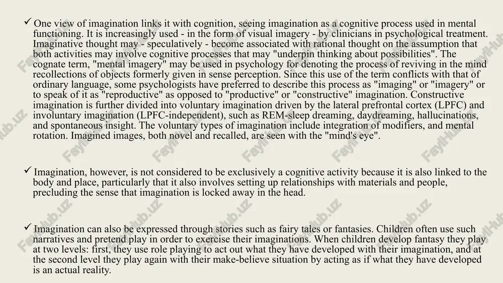 articular science. imagination is an experimental partition of the mind used to develop theories and ideas based on functions. taking objects from real perceptions, the imagination uses complex if-functions that involve both semantic and episodic memory to develop new or revised ideas. this part of the mind is vital to developing better and easier ways to accomplish old and new tasks. in sociology, imagination is used to part ways with reality and have an understanding of social interactions derived from a perspective outside of society itself. this leads to the development of theories through questions that wouldn't usually be asked. these experimental ideas can be safely conducted inside a virtual world and then, if the idea is probable and the function is true, the idea can be actualized in reality. imagination is the key to new development of the mind and can be shared with others, progressing collectively. the second …