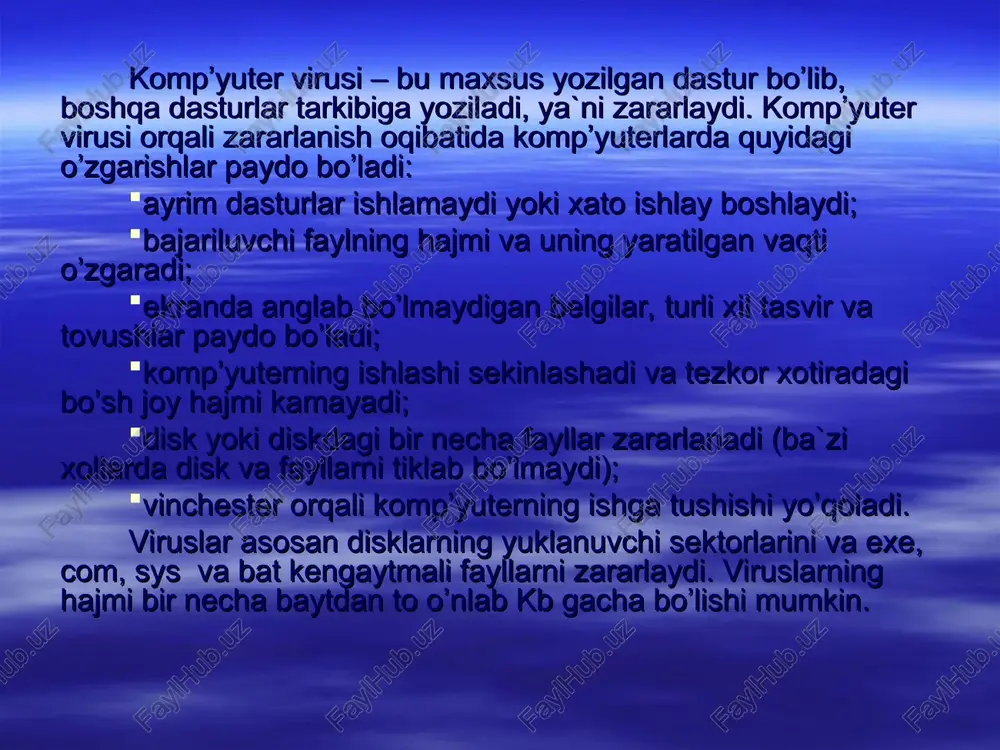 o’rish natijasida ma`lum viruslarni topadi va xabar beradi. faglar – yoki doktorlar, detektorlarga xos bo’lgan ishni bajargan holda zararlangan fayldan viruslarni chiqarib tashlaydi va faylni oldingi holatiga qaytaradi. bunday dasturlarga aidstest, doctor web dasturlari misol bo’ladi. vaktsinalar – yuqoridagilardan farqli ravishda himoyalanayotgan dasturga o’rnatiladi. natijada dastur zararlngan hisoblanib, virus tomonidan o’zgartirilmaydi. faqatgina ma`lum viruslarga nisbatan vaktsina qilinishi uning kamchiligi hisoblanadi. privivka – fayllarda xuddi virus zararlagandek iz qoldiradi. buning natijasida viruslar “privivka qilingan” faylga yopishmaydi.fil trlar – qo’riqlovchi dasturlar ko’rinishida bo’lib, rezident holatda ishlab turadi va viruslarga xos jarayonlar bajarilganda, bu haqida foydalanuvchiga xabar beradi. revizorlar – eng ishonchli himoyalovchi vosita bo’lib, diskning birinchi holatini xotirasida saqlab, undagi keyingi o’zgarishlarni doimiy ravishda nazorat qilib boradi. bunga adinf dasturi misol bo’ladi. quyidagi antivirus dasturlaridan keng foydalaniladi: notnon antivirus, kaspersky security. kasperskiy antivirus va nod32 programmasi eng ommabop programmalardan bo’lib, u bir nechta zaruriy modullardan tashkil topgan: 1.skaner – qattiq diskni virus …
