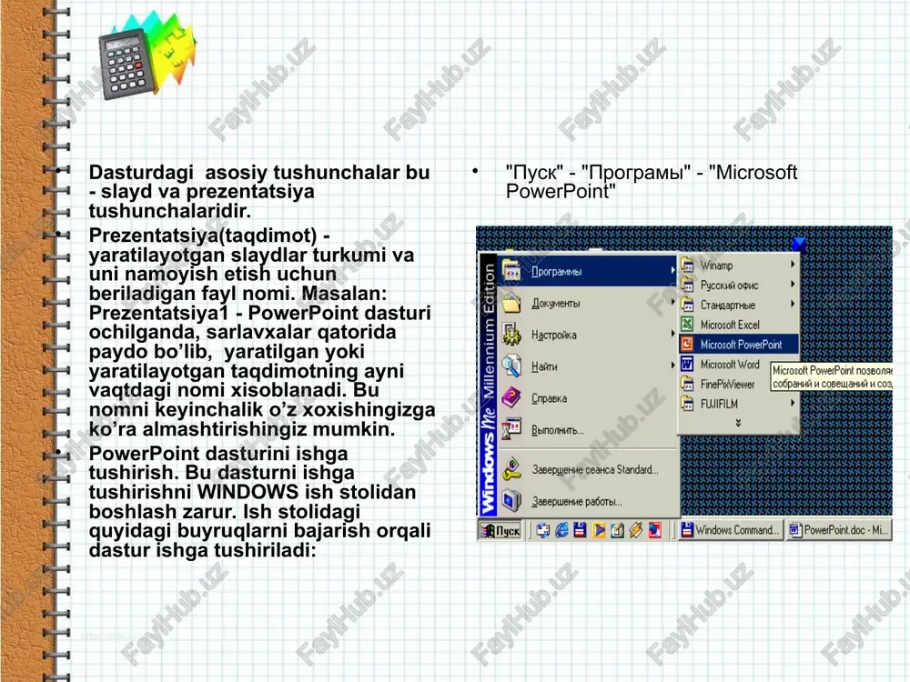 qilingan programmadir . power point programmasi windows operatsion sistemasi rivoj-lanishi bilan birga rivojlanib borgan . shuning uchun windows 95 dagi power point bilan windows xp dagi power point orasida katta farq bor . microsoft power point da ishlash tartibi . power point ni yuklash usullari . + + ish stolidagi power point yorlig’i orqali kirish . orqali . saqlangan power point fayili orqali . microsoft office programma paketlari orqali microsoft power point da faylni saqlash . + + fayl nomi tanlanadi . + + fayl nomi tanlanadi . menyu qismini pasida joylashgan saqlash tugmasi orqali . microsoft power point da saqlangan faylni ochish . + + fayl nomini tanlash + + fayl nomini tanlash menyu qismini pasida joylashgan hotiradagi faylni ochish tugmasi orqali microsoft power pointda matnni chop etish . + + menyu qismini pasida joylashgan tugma orqali microsoft power point da yangi fayl ochish + menyu qismini pasida joylashgan …