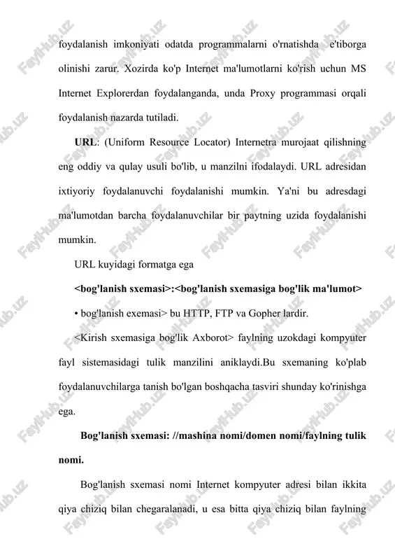 bo'lishi shart. modem ishlab chikaruvchi firmalar ichida eng ommabopi bu us robotis bo'lib ikki xil: sportster-havaskorlar uchun va courier-professionallar uchun modemlarini ishlab chiqadi. modemlar ikki tipda ichki va tashqi bo'ladi. tashqi modem som porti orqali ulanadi. trafik: internet aloqa kanallari orqali uzatilgan ma'lumotlar oqimi xajmi. dns server: dns (domain name servise - domen nomlar xizmati) - ip manzillar va kompyuterlar domen nomlarini aniklovchi server. ip manzil va kompyuterlarning domen ko'rinishidagi nomlari bilan ishlashni tashkil qilish uchun programma joylashtirilgan kompyuterining ip manzili ko'rsatiladi. u yoki bu serverning vaqtincha ishlamay kolishini yoki ular bilan bog'lanish kiyin bo'lishini nazarda tutib, (sabablar turli bo'lishi mumkin) bir kancha dns serverlarini ko'rsatish mumkin. mirror serverlar: ko'pchilikni qiziqtiruvchi serverlar odatda boshqa mamlakatlar serverlariga xam joylashtiriladi. bu esa mamlakatlarga yuboriladigan so'roqlarning xajmini kamaytirishga va tegishli ma'lumotlarni (internet saxifalarini) tez topishga imkon tug'diradi. odatda mirror serverining borligi home page (uy saxifalarida)da o'z aksini topgan bo'ladi va unga qarab qaysi …
