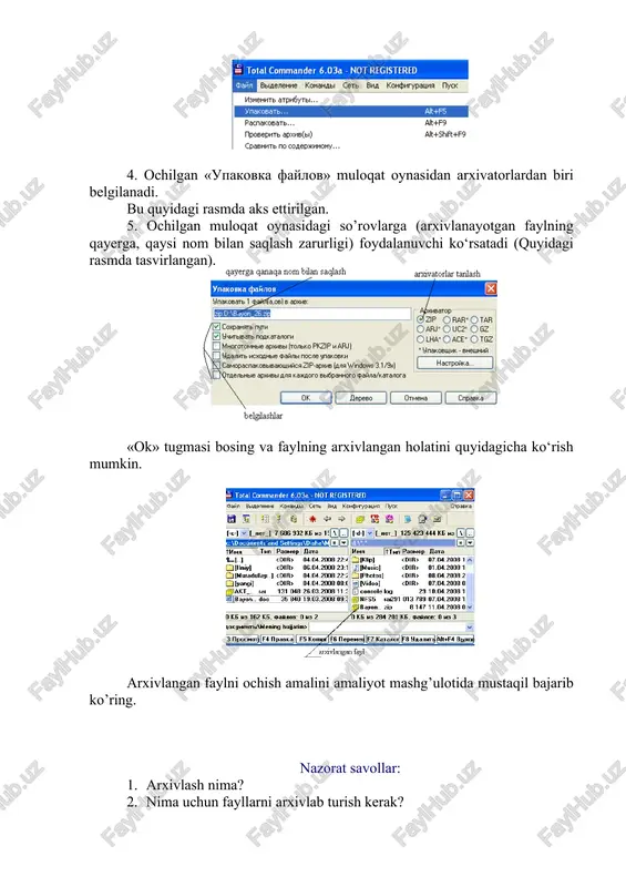 rlarda ushbu programma o‘rnatilgan, ya’ni quyidagi rasmda ko‘rsatilganidek. «antivirus kasperskogo personal» programmasini ishga tushurish quyidagicha bajariladi: sichqoncha ko‘rsatgichini belgiga keltirib, asosiy chap klavishi 1 marta bosiladi. ekranda: ko‘rinish hosil bo‘ladi 2. tekshirish lozim bo’lgan ob’ekt tanlanadi. bu yereda kompyuter yoki disklarni tekshirish rasmda ko‘rsatilgan bandlar orqali amalga oshiriladi. masalan, foydalanuvchi kompyuterni virusga qarshi tekshirishni amalga oshirishi zarur bo‘lsa, «proverit moy kompyuter», fleshkalarni tekshirish uchun «proverit s'emnie diski» va ixtiyoriy biror ob’ektni tekshirish uchun esa «proverit ob'ekti» bandini tanlashi kerak bo‘ladi. 3. yuqoridagi bandlarning 1-2 bandlarida tekshirish jarayoni quyidagi muloqat oynasi ko‘rinishida bajariladi. 4.agar foydalanuvchi ixtiyoriy boshqa bir ob’ektni tekshirishi lozim bo‘lsas, u holda jarayon quyidagicha bajariladi: bunda, rasmda ko‘rsatilgan satrlardan birini yoki bir nechtasini tanlab «proverit» tugmasini bosishi orqali tekshirish amalga oshiriladi. nazorat savollar: 1.virus nima? 2.virusning turlarini aytib bering? 3.viruslarni aniqlash mumkinmi? qanday usullari bor? 4.antivirus programmasidan foydalanish tartibi qanday? 5.ehtiyotkorlik choralari nimalardan iborat? 23-ma’ruza arxivfayl yagona faylga birlashtirilgan …