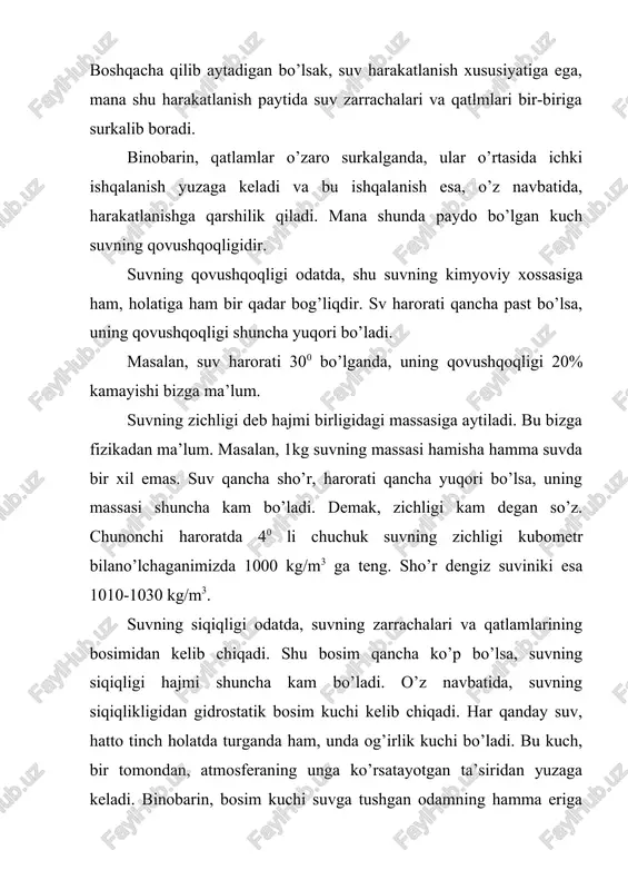 lariga ega bo’lishiga gavdasining solishtirma og’irligi har bir qadar rol’ o’ynar ekan. suvga tushgan suzuvchining hamma tomoniga odatda, suvning bosim kuchi ta’sir qiladi deb yuqorida aytib o’tdik. binobarin, odam suvga qancha chuqur tushsa unga tazyiq o’tkazadigan bosim kuchi ham ortib boradi. ammo mana shu bosim kuchining qay darajada yuqori bo’lishi gavdaning joylashish vaziyatiga va suvning tarkibiga ham bog’liqdir. chunki odam gavdasi suvda gorizontal vaziyatda bo’lsa, unga suvning ko’tarish kuchi katta hajmda ta’sir qiladi. suvning tarkibi haqida yuqorida bir karra eslatib o’tdik. demak, suvdagi tinch turgan suzuvchiga bir vaqtning o’zida og’irlik kuchi, bu odamning o’z vazni va suvning ko’tarish kuchi (tarkibiga ko’ra yuqoriga itaruvchi kuchi) ta’sir qiladi suzuvchining mana shunday kuchlar ta’sirida bo’lishi statik suzish deyiladi. bundan tashqari suzuvchi gavdasiga suvning itaruvchi kuchi ham ta’sir qiladi. bu kuch odatda, gavda siqib chiqargan suv hajmiga teng bo’ladi. suvning har tomonidan itaruvchi kuchlarning jam bo’lib yo’nalgan nuqtasi suzuvchanlik markazi deyiladi. bu markaz odatda, …