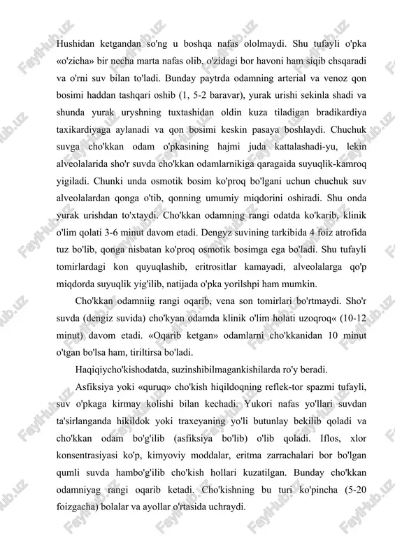 ga, oksidlanish jarayonishshg tezlashishiga, binobarin, issiqlik hosil bo'lishining ko'payishiga olib keladi. yurak faoliyati ham ancha tezlashadi. shuyaing uchun qonning tomirlar bo'ylab harakatlanishi kuchayadi, teriga juda ko'p iligan kon keladi va teri yuzasi qattiq sovub ketmaydi. agar odam uzoq-vaqt sovuq suvda cho'milsa, yoki sovuk suvga tushib ketsa, dastlabki paytda yuragini «to'xtab qolganday» his etadi. chunki yurak faodiyati bir necha sekundgacha nihoyatda sekinlashib qoladi. teri reseptorlaridan boshlangan intensiv impzls katta yarimsharlar po'stlog'iga borishi natijasida bosh miya tomirlari torayadi, miyada spastik anemiya ro'y beradya va yurak reflektor ravishda to'xtab qoladi. boshqacha bo'lishi, ham mumkin. masalan, kuyesh nurining kuchli ta'siridan haddan tashqari issiqlab ketgan kipga cho'milganvda, og'ir ish qilganida yoki mast holatda (tana harorati 37° ga yana aroqning 40° si kushiliblib, shu harorat bilan sovuk suvga tushailganda) cho'milganida suvda sovuqlik shoki yuz berishi mumkin. buyadan tashkari, agar odam uzok vaqt sovuk (20°dan iast) suvda cho'milsa (chinyaqmagan bo'lsa) sovqotadi, sovuqlik shoki rivojlanmasada, u cho'kib ketishi …