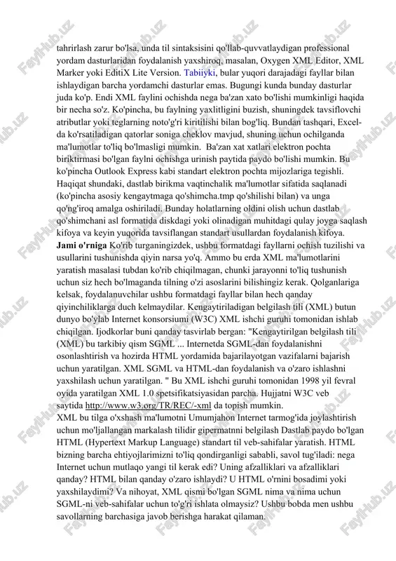 ish mumkin. xml bu tilga o'xshash ma'lumotni umumjahon internet tarmog'ida joylashtirish uchun mo'ljallangan markalash tilidir gipermatnni belgilash dastlab paydo bo'lgan html (hypertext markup language) standart til veb-sahifalar yaratish. html bizning barcha ehtiyojlarimizni to'liq qondirganligi sababli, savol tug'iladi: nega internet uchun mutlaqo yangi til kerak edi? uning afzalliklari va afzalliklari qanday? html bilan qanday o'zaro ishlaydi? u html o'rnini bosadimi yoki yaxshilaydimi? va nihoyat, xml qismi bo'lgan sgml nima va nima uchun sgml-ni veb-sahifalar uchun to'g'ri ishlata olmaysiz? ushbu bobda men ushbu savollarning barchasiga javob berishga harakat qilaman. xml maqsadi html tarkibiy qismlarni odatiy veb-sahifada joylashtirish uchun foydalanishingiz mumkin bo'lgan qat'iy elementlar to'plamini taqdim etadi.bu elementlarga misollar sarlavhalar, paragraflar, ro'yxatlar, jadvallar, rasmlar va havolalardir. shaxsiy yaratish bosh sahifa... quyida html kodlaridagi bosh sahifaning tavsifi: maykl yangning bosh sahifasi mening veb-saytimga xush kelibsiz! veb-sayt tarkibi iltimos, quyidagi mavzulardan birini tanlang: yozish oila fotosuratlar boshqa qiziq veb-saytlar boshqa veb-saytni o'rganish uchun quyidagilardan birini …