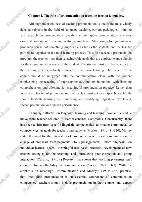 o morey’s belief in the need for ‘professional responsibility’ when the results show that “a threshold level of pronunciation in english such that if a given non-native speaker’s pronunciation falls below this level, he or she will not be able to communicate orally no matter how good his or her control of english grammar and vocabulary might be” (celce-murcia, 1987:5). it is in parallel with baker’s (1992: 1) statement that “advanced students find that they can improve all aspects of their proficiency in english except their pronunciation, and mistakes which have been repeated for years are impossible to eradicate.” the experience of student-teachers at binzhou teachers’ college in shandong, china, revealed that their progress in pronunciation skills helps enormously in developing their speaking skills (fangzhi, 1998). the current research and the current trend reversal in the thinking of pronunciation shows there is a consensus that a learner’s pronunciation in a …