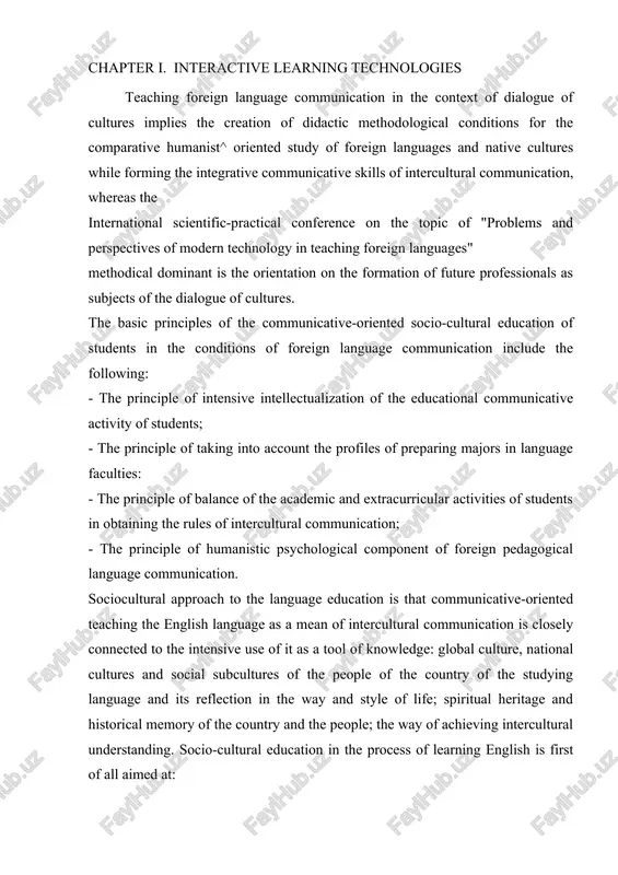 ure, national cultures and social subcultures of the people of the country of the studying language and its reflection in the way and style of life; spiritual heritage and historical memory of the country and the people; the way of achieving intercultural understanding. socio-cultural education in the process of learning english is first of all aimed at: 1) the development of the world view of students and their perception of the history of mankind, of their country, the self-perception as the holder of national values, the understanding of the interdependence between the personality and people; 2) the development of communicative culture of students, their spiritual potential, a global mindset, awareness of responsibility for their future, the future of their country; 3) the training the ethically acceptable forms of expression in society; 4) the teaching the ethics of discussion communication and the ethics of interaction with people having different views; 5) …