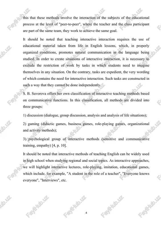 10]. it should be noted that interactive methods of teaching english can be widely used in high school when studying regional and social topics. as interactive approaches, we will highlight interactive lectures, role-playing, imitation, educational games, which include, for example, "a student in the role of a teacher", "everyone knows everyone", "interviews", etc. chapter i. the active mental activity of students the active mental activity of students is caused by tasks such as "a dozen questions", "choice", during which students need to demonstrate their own perception of the surrounding world. creative tasks under the names "associations", "choice of aphorism" are distinguished by their communicative nature. the tasks "reflexive circle", "chain of wishes" are based on the methods of organizing reflexive activity and are aimed at developing the skills of introspection. interactive methods also include discussions, business games, brainstorming, training, case method, classes in a playful way, etc. specific situations close …
