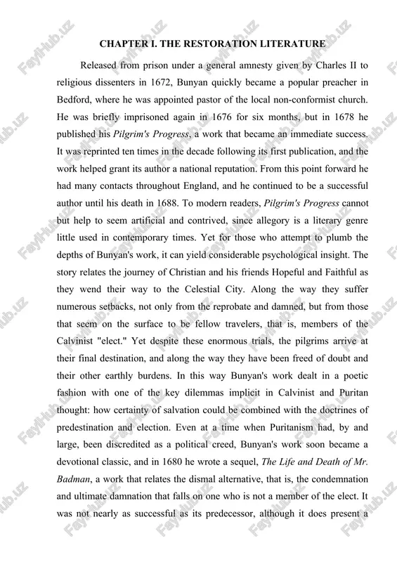 it was not nearly as successful as its predecessor, although it does present a vivid portrayal of evil. in the later years of his life, the author continued to write, and a number of unpublished manuscripts were found in his possession at his death in 1688, a few months before the catholic king james ii was deposed. these were published posthumously in a folio edition in 1690, but the breadth and depth of bunyan's opus came to be overshadowed in the years that followed by his two chief masterworks, pilgrim's progress and grace abounding to the chief of sinners. 1.1. restoration and eighteenth-century drama the reestablishment of the monarchy that occurred in 1660 had profound implications for english literature. in the years following the execution of charles i many of the figures that had surrounded the royal court had been forced into exile or hiding, but with the restoration of …