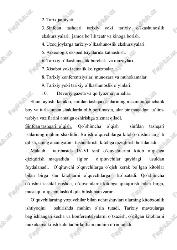 vii cinfda o`rganiladigan o`zbekiston xalqlari tarixining mazmuni va ta`lim- tarbiyaviy vazifalari o`quv adabiyotlari yordamida mustaqil o`zlashtirish. 6-hafta 2 viii cinfda o`rganiladigan o`zbekiston xalqlari tarixining mazmuni va ta`lim- tarbiyaviy vazifalari o`quv adabiyotlari yordamida mustaqil o`zlashtirish. 7-hafta 2 ix cinfda o`rganiladigan o`zbekiston xalqlari tarixining mazmuni va ta`lim- tarbiyaviy vazifalari o`quv adabiyotlari yordamida mustaqil o`zlashtirish. 8-hafta 2 akad. litseylarda o`rganiladigan o`zbekiston xalqlari tarixining mazmuni va ta`lim- tarbiyaviy vazifalari o`quv adabiyotlari yordamida mustaqil o`zlashtirish. 9-hafta 2 kasb-xunar kollejlarida o`rganiladigan o`zbekiston xalqlari tarixining mazmuni va ta`lim- tarbiyaviy vazifalari o`quv adabiyotlari yordamida mustaqil o`zlashtirish. 10-hafta 2 sinfdan tashqari ishlash metodi va uning tarix o`qitishdagi ahamiyati o`quv adabiyotlari yordamida mustaqil o`zlashtirish. 11-hafta 2 tarix o`qitishda mahalliy o`lkashunoslik materiallaridan foydalanish va uning ta`lim- tarbiyaviy ahamiyati o`quv adabiyotlari yordamida mustaqil o`zlashtirish. 12-hafta 2 xaritalarning turlari va ular bilan ishlash o`quv adabiyotlari yordamida mustaqil o`zlashtirish. 13-hafta 2 talabalar mustaqil ta`limining mazmuni va hajmi ishchi o`quv dasturining mustaqil ta`limga oid bo`lim …