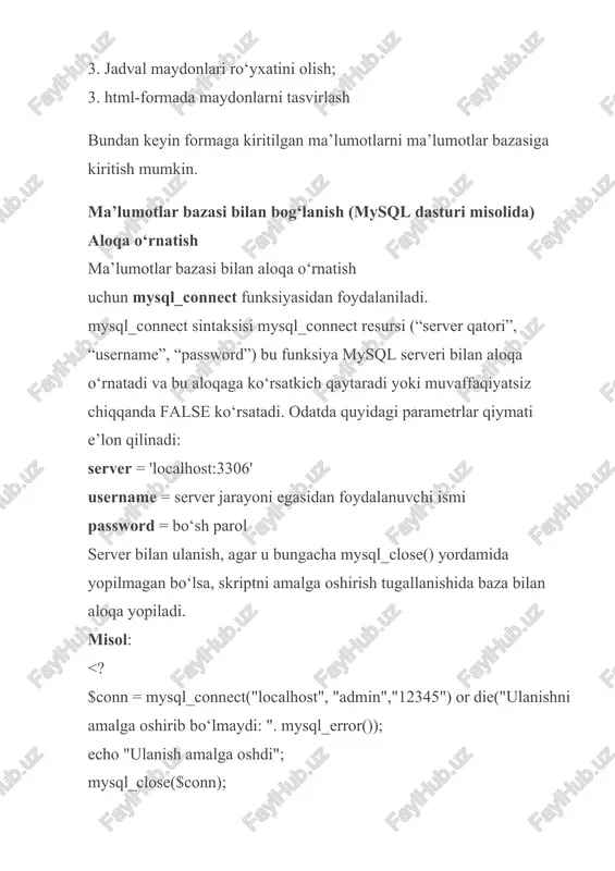 an aks ettirmaymiz, chunki uning ma’nosi o‘z-o‘zidan o‘rnatiladi. buning uchun explode funksiyasidan foydalaniladi: explode: sintaksisi explode massivi (separator qatori, string qatori , int limit) bu funksiya string qatorini separator taqsimlagichi yordamida qismlarga bo‘ladi va olingan qatorlar massivini qaytaradi. bizning holatda taqsimlagich sifatida probel “ ” ni olish kera, bo‘lish uchun boshlang‘ich qator sifatida esa – maydon bayroqlari qatorini. misol. artifacts jadvaliga ma’lumot kiritish uchun forma (index.php) "; } else { print mysql_error(); error("ma’lumotni bazaga ezishda xatolik");} } else {?> eksponat nomini kiriting ma’lumotlar bazasiga ma’lumotlar yozish ma’lumki, ma’lumotlarni jadvalga yozish uchun sql tilidagi insert buyrug‘i ishlatiladi: mysql> insert into artifacts set title='eksponat nomi'; php skriptda bunday buyruqdan foydalanish uchun mysql_query() funksiyasi mavjud. mysql_query sintaksisi mysql_query resursi (query qatori) mysql_query() sql-so‘rovni mysql ma’lumotlar bazasining ma’lumotlar bazasiga jo‘natadi. agar ochiq aloqa bo‘lmasa, funksiya parametrsiz mysql_connect() funksiyasiga o‘xshash holda mbbt bilan bog‘lanishga urinadi. so‘rov natijasi buferlanadi. adabiyotlar 1. abduqodirov a., xaitov a., shodiev …