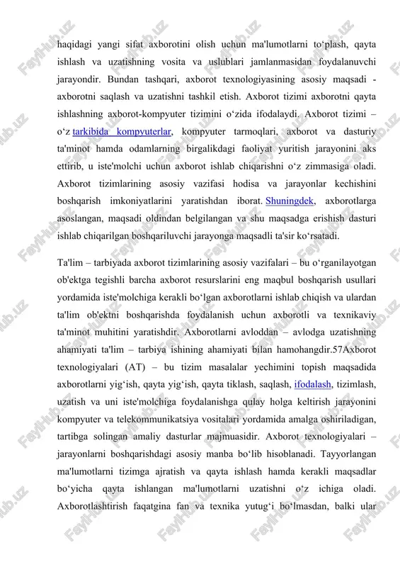 ya'ni endigi hayot nafaqat axborotlar, axborot texnologiyalari, balki axborot tizimlarini yaratishni taqozo etib qoladi va ulardan bilim bazalari, vazifalar, mantiqiy xulosalarni yechuvchi mashina kabi xizmat tizimlarini ham o‘z ichiga olishini talab qilmoqda. bu talablarni hal qilish esa ijtimoiy islohotlarga bog‘liqdir. pedagogik texnologiyalardan biror bir fanni o‘qitish jarayonida foydalanish o‘qituvchidan informatika va axborot texnologiyalari fani asoslarini yaxshi bilishni, uning qonun-qoidalari va usullarini amaliyotda qo‘llay bilish malakasiga ega bo‘lishini talab etadi. informatika va axborot texnologiyalari fani didaktikasi va o‘qitish metodikasida asosiy o‘rinlardan yana birini o‘qitish usullari egallaydi. o‘qitish usuli (metodi) (grekcha metodos - biror narsaga yul so‘zidan) – bu ta’lim va tarbiya vositasi sifatidagi o‘qitish maqsadlariga erishishga yo‘naltirilgan o‘qituvchi va o‘quvchining bir-biri bilan bog‘langan faoliyatining tartiblangan usullaridir. o‘qitish metodlarining muammosini qisqacha “qanday o‘qitish kerak?” degan savol yordamida ifoda qilish mumkin. lekin shuni e’tirof etish lozimki, ushbu savolga javob olish uchun “nima uchun o‘qitish kerak?”, “nimalarni o‘qitish kerak?” va “kimlarni o‘qitish kerak?” kabi …