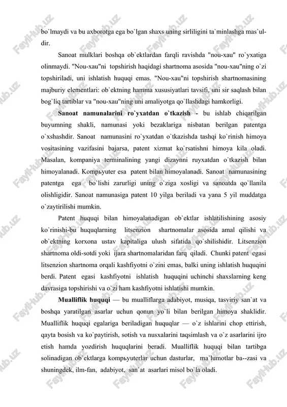 n yangicha tarzda ko`llanilsa, ular ham qonuniy ravishda himoyalanishi mumkin. kashfiyotlarga patent 20 yilga beriladi va u kashfiyotning ustunliklarini, muallifligini tasdiqlovchi hujjat sanaladi va uni ishlatishga huquq beradi. savdo markalari va tovar belgisi. savdo markalari (masalan: nestle, adi-das) yoki savdo namunalari (koka-kola) kompaniyalar tomonidan mahsulot yoki xiz-mat uchun berilgan nomlar yoki identifikatsiyani aniqlovchi boshqa ramzlar ular egalik qilishni asosli ravishda olib borish uchun ruyxatdan o`tkazilishi mumkin. ruyxatdan o`tkazilgan savdo markalari va savdo namunalarini keyingi yillarga ham muddatni uzaytirish yo`li bilan xizmat muddatini yangilab turish mumkin. bu holda nomlar, ramzlar yoki mahsulot identifikatsiyasini belgilovchi boshqa ramz-lar huquqiy hisoblanadi. franchayzing — ma`lum bir formula, texnologiya yoki tashqi ko`rinishini qo`llash bo`yicha o`ziga xos huquq. franchayzing (masalan: kabel televideniyasi kom-paniyasi) odatda hukumat organlari tomonidan davlat mulkidan foydalanish hu-quqiga egalik qilish yoki kommunal xizmat ko`rsatish (elektromontaj) uchun va xo`-jalik sub`ektlari tomonidan aniq bir ishlar va aniq xizmatlardan foy-dalanish huquqi bilan egalik qilish uchun taqdim qilinadi. …