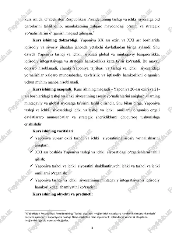 poniya–koreya munosabatlari, shuningdek, mamlakatning global iqtisodiy va strategik sherikliklari alohida tahlil qilingan. shu tariqa, mavzu keng ilmiy manbalar bilan qamrab olingan bo‘lsa-da, yaponiya tashqi va ichki siyosatining ichki va tashqi va ichki omillari hamda mintaqaviy va global siyosatga ta’siri tizimli va kompleks tarzda tahlil qilinishi lozim. shu sababli, ushbu kurs ishida mavzuning ilmiy va amaliy jihatlari chuqurroq o‘rganiladi. kurs ishining tuzilmasi: kirish, 2 ta bob, 4 ta qism, xulosa va foydalanilgan adabiyotlar ro'yxatidan iboratdir. 6 i bob. 20-asr oxiri yaponiya tashqi va ichki siyosati 1.1. iqtisodiy diplomatiya va global integratsiya xx asr oxirida yaponiya iqtisodiyoti jadal rivojlanib, dunyoning yetakchi iqtisodiy kuchlaridan biriga aylandi. shu davrda mamlakatning tashqi va ichki siyosatida iqtisodiy diplomatiya asosiy yo‘nalishlardan biriga aylandi. yaponiya o‘zining iqtisodiy kuchini global maydonda siyosiy va strategik ta’sirga aylantirishga harakat qildi. yaponiya eksportni rivojlantirish, yuqori texnologiyali mahsulotlarni yetkazib berish va xalqaro investitsiyalarni jalb qilish orqali global integratsiyaga erishdi. mamlakat jahon savdo tashkiloti …