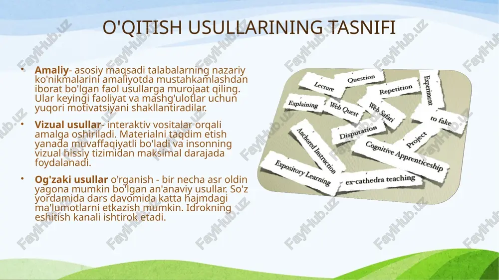 atli o'tkazish uchun o'qituvchilar turli xil kasbiy ta'lim usullaridan foydalanadilar. o'qitish usullarini tanlash ko'plab omillarga bog'liq: ta'limning umumiy maqsad va vazifalari; talabalarning tayyorgarlik darajasi; o'qituvchining shaxsiy xususiyatlari; ta'lim muassasasining moddiy jihozlanishi (zamonaviy jihozlar, texnik vositalar). o'qitish usullari - kitoblar ta'lim tizimi va maktabgacha ta'lim muassasalari va oliy o'quv yurtlarida asosiy o'qitish usullari qo'llaniladi. o'qitish yo'lini tanlagan odamlar uchun usullarning turli tasniflarida harakat qilish qiyin. professional adabiyotlar yordamga keladi darsimizda kungaboqar metodidan foydalanamiz metodlar kunga boqar zinama-zina klaster swot fsmu savollar: 1.o’qitish metodlari degan nima tushuniladi? 2. o’qitish metodlarini klassifikatsiyasi nechta, ularning nomini ayting? 3.boshlang’ich sinflarda qanday og’zaki o’qitish metodlari ishlatiladi? 4.ko’rgazmali va og’zaki o’qitish metodlari o’zaro qanday bog’lanishda bo’ladi? 5.induktsiya, deduktsiya va analogiya metodlarining mohiyati nimadan iborat? 6. o’qitishning mustaqil ishlari deyilganda nimani tushuniladi? 7.mustaqil ishlarning qanday turlari bor? 8. didaktik o’yinning qimmati nimada? 9.darsda o’qitishning har xil metodlaridan birgalikda foydalanishning zarurligini asoslab bering? 10.zamonaviy o’qitish metodlarining turlari? e’tiboringiz uchun …