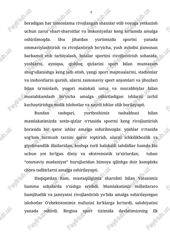 shaxsni barkamol etib rivojlantirishdagi asarlarida, ilmiy adabiyotlarda o‘z aksini topgan. keyingi yillarda sport bilan shug‘ullanayotgan xotin-qizlarimiz soni tobora oshayapti. endilikda ular nafaqat respublika, qolaversa, xalqaro miqyosdagi musobaqalarda ishtirok etishayapti. bugungi kunda xotin-qizlar sambo, dzyudo, kurash, karate, taekvando, og‘ir atletika, futbol kabi ko‘plab sport turlari bo‘yicha yuqori ko‘rsatkichlarga erishayaptilar. iroda to‘laganova (tennis), alina kabayeva (badiiy gimnastika), sofiya kaspulatova (karate), “sevinch” qizlar futbol komandasi, nafisa mo‘minova (shaxmat), lutsiya baybulatova (karate) va boshqa yuzlab o‘zbekistonlik sportchi qizlarimiz mamlakatimiz dovrug‘ini dunyoga namoyish etdilar. shahar va tumanlarda ayollar o‘rtasida musobaqalar o‘tkazish ham an’ana tusiga kirgan. bu hol joylarda xotin-qizlar sportini yanada ommaviylashishiga yordam bermoqda. minglab xotin-qizlar mahoratlarini oshirish va namoyon qilish barobarida, sog‘liklarini ham mustahkamlashmoqda. barkamol va ko‘rkam avlodlar bo‘lib yetishishmoqda. buning hammasi yurtboshimizning sport sohasida, ayniqsa, xotin-qizlar jismoniy tarbiyasi va sportini rivojlantirishdagi tashabbuskorliklari bilan bo‘layotgani qalblarni g‘urur va iftixorga to‘ldirayapti. o‘zbekistonda xotin-qizlar sportining rivojlanishi, sportchi qizlarimizga bo‘layotgan g‘amxo‘rlik, ularning sportdagi yutuqlarini elga mashhur qilish …