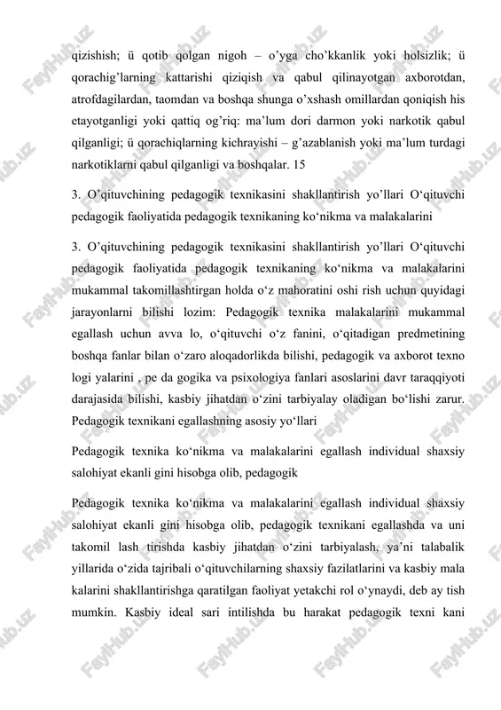 lgan faoliyat yetakchi rol o‘ynaydi, deb ay tish mumkin. kasbiy ideal sari intilishda bu harakat pedagogik texni kani egallashda muhim rol o‘ynaydi. 4. nutq haqida tushuncha. nutqning o’qituvchi faoliyatidagi o’rni. nutq – tildagi mavjud ifoda vositalaridan 4. nutq haqida tushuncha. nutqning o’qituvchi faoliyatidagi o’rni. nutq – tildagi mavjud ifoda vositalaridan foydalangan holda real likka aylangan fikr bo‘lib ikki xil ko’rinishda namoyon bo‘ladi: 1. ichki nutq o‘qituvchi ongida hosil bo‘ladigan, hali amalga oshmagan til ele ment laridan tashkil topgan, kishining og‘iz ochmasdan fikrlashi, mulo haza yuritishi, o‘ylashi ichki nutqdir. 2. tashqi nutq. (og’zaki): monolog, dialog, yozma: doklad, referat, annotatsiya va boshqalar. pedagogik-psixologik adabiyotlar tahlili asosida nutqning quyidagi o’ziga xosliklarini ajratib ko’rsatish mumkin: 1. funktsiyalari: muloqot, pedagogik-psixologik adabiyotlar tahlili asosida nutqning quyidagi o’ziga xosliklarini ajratib ko’rsatish mumkin: 1. funktsiyalari: muloqot, shaxsga ta’sir ko’rsatish, ta’lim va tarbiya vositasi. 2. shakllari: tashqi nutq (og’zaki): monolog, dialog, yozma: doklad, referat, annotatsiya va boshqalar; ichki nuqt. …