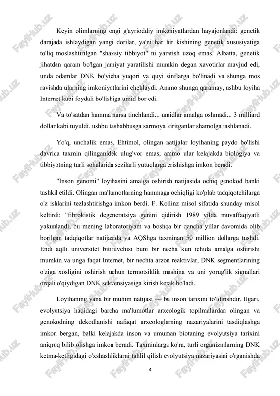 kerak bo'ladi. loyihaning yana bir muhim natijasi — bu inson tarixini to'ldirishdir. ilgari, evolyutsiya haqidagi barcha ma'lumotlar arxeologik topilmalardan olingan va genokodning dekodlanishi nafaqat arxeologlarning nazariyalarini tasdiqlashga imkon bergan, balki kelajakda inson va umuman biotaning evolyutsiya tarixini aniqroq bilib olishga imkon beradi. taxminlarga ko'ra, turli organizmlarning dnk ketma-ketligidagi o'xshashliklarni tahlil qilish evolyutsiya nazariyasini o'rganishda yangi yo'llarni ochishi mumkin va ko'p hollarda evolyutsiya savollari endi molekulyar biologiya nuqtai nazaridan qo'yilishi mumkin. evolyutsiya tarixidagi ribosoma va organellalarning paydo bo'lishi, embrionning rivojlanishi, umurtqali hayvonlarning immun tizimi kabi muhim bosqichlarni molekulyar darajada kuzatish mumkin. bu odamlar va bizning eng yaqin qarindoshlarimiz o'rtasidagi o'xshashlik va farqlar haqidagi ko'plab savollarga oydinlik kiritishi kutilmoqda: primatlar, neandertal (uning genokodi yaqinda ming yillik parchalanishdan o'tgan va genetik izlar bilan ifloslangan 1,3 milliard bo'lakdan rekonstruksiya qilingan). bu jonzotning qoldiqlarini ushlab turgan arxeologlar) va barcha sutemizuvchilar va javob berish savollarga: qaysi gen bizni homo sapiens qiladi, bizning ajoyib iste'dodlarimiz uchun qaysi …