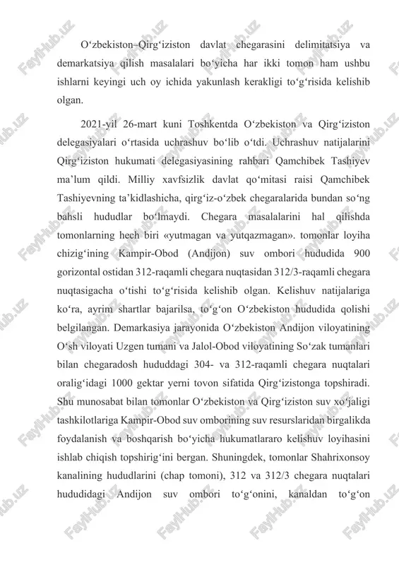 k, o’zbek xalqi qirg’iziston respublikasi prezidenti sooranbay jeenbekovning yangi prezident sifatida ilk xorijiy tashriflaridan birini o’zbekistonga amalga oshirganini yuksak qadrlaydi. biz buni mamlakatlarimiz o’rtasidagi do’stlik, yaxshi qo’shnichilik va strategik sheriklik munosabatlarini yanada mustahkamlashga bo’lgan qatoiyat ifodasi sifatida qabul qilamiz.haqiqatan ham, davlatlarimiz rahbarlarining saoyi harakatlari, ko’plab masalalar bo’yicha ham- fikrligi, hamkorlikka intilishining mushtarakligi tufayli barcha sohalarda amaliy kelishuvlarga erishildi. prezidentimiz sh.mir-ziyoev o’zaro munosabatlar haqida fikr bildirar ekan, "ikki davlat hududlari darajasida uzoq istiqbolga mo’ljallangan va o’zaro manfaatli hamkorlik mexa- nizmlari ishga tushirildi. madaniy-gumanitar almashinuv sezilarli ravishda faollashdi, qirg’izistonda o’zbekiston madaniyati va san’ati kunlari, shuningdek ushbu sohada qator qo’shma tadbirlar o’tkazildi. eng muhimi, bularning barchasi xalqlarimiz manfaati va orzu-istaklariga to’la ham-ohang bo’lib, markaziy osiyo mintaqasida tinchlik, bar-qarorlik va xavfsizlikni taominlashga salmoqli hissa qo’shmoqda", deb taokid-lab o’tgan edi. shuni alohida e’tirof etish kerakki, qisqa vaqt ichida davlatlar o’rtasida yaxshi qo’shnichilik aloqalari yo’lga qo’yildi. bundan maqsad esa barchamizga ayon: ikki qardosh xalq, ikki davlat …