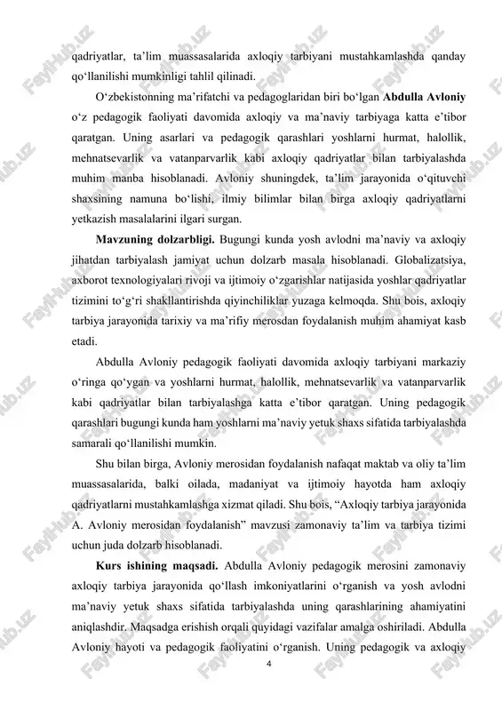 ri hisoblanadi. predmet sifatida avloniy asarlaridagi axloqiy qadriyatlar, tarbiyaviy tamoyillar, shuningdek, ularni maktab va oliy ta’lim muassasalarida amaliy qo‘llash yo‘llari o‘rganiladi. kurs ishining obyekti. axloqiy tarbiya jarayoni va yosh avlodni ma’naviy tarbiyalashdagi pedagogik metodlar hisoblanadi. obyekt sifatida avloniy merosi asosida axloqiy qadriyatlarni shakllantirish, tarbiyaviy tadbirlar va ta’lim jarayonida pedagogik yondashuvlar o‘rganiladi. kurs ishining tuzilmasi. kirish, 2 ta bob, 6 ta qism, xulosa va foydalanilgan adabiyotlar ro'yxatidan iboratdir. i bob. a. avloniy hayoti va pedagogik qarashlari 1.1. avloniy hayoti va ijodi abdulla avloniy (1878–1934) – o‘zbek milliy ma’rifatparvari, pedagog, jurnalist va jamoat arbobi sifatida tarixda alohida o‘rin egallaydi. u 1878-yil 12-iyulda toshkent shahrining mergancha mahallasida to‘quvchi oilasida dunyoga kelgan. 1-rasm. abdulla avloniy (1878–1934) avloniy 1878-yil 12-iyulida toshkentda mergancha mahallasida toʻquvchilar oilasida tugʻilgan. oilasidagi moddiy yetishmovchiliklar sababli bolaligidan suvoqchilik, gʻisht quyish, pechkachilik, binokorlik, duradgorlik kabi kasblar bilan shugʻullangan. bularning ortidan “imoratchi usta” degan nom oladi. u tarjimai holida bu haqida shunday yozgan. …