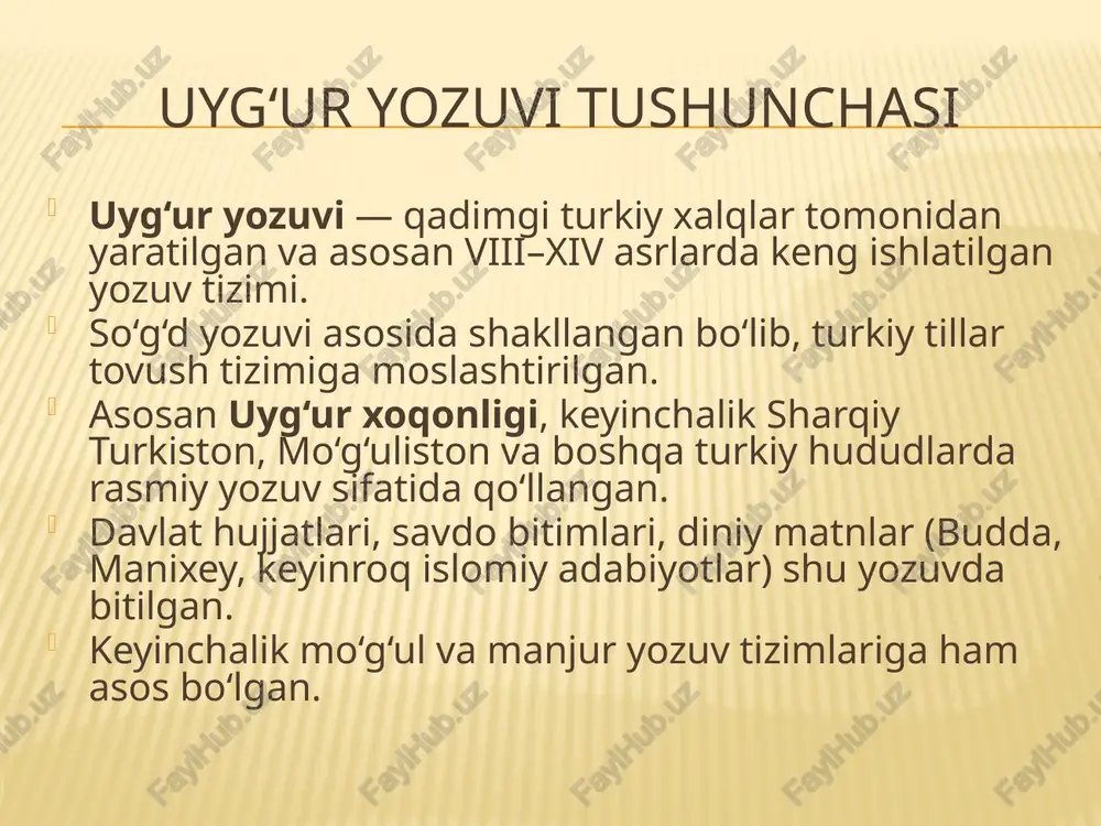 vi shu yerga ham kirib kelgan.ayrim yozma manbalar orqali uyg‘ur yozuvi eron va hindiston hududlariga ham yetib borgan. davlat boshqaruvida qo‘llanilishi uyg‘ur xoqonligi davrida barcha rasmiy yozishmalar shu yozuvda yuritilgan.soliqlar, shartnomalar, farmonlar va savdo hujjatlari uyg‘ur yozuvida yozilgan.diplomatik munosabatlarda, boshqa davlatlar bilan aloqalarda rasmiy yozuv sifatida ishlatilgan.mo‘g‘ul imperiyasida ham uyg‘ur yozuvi davlat idoralarida qo‘llangan va mo‘g‘ul yozuvining shakllanishiga asos bo‘lgan.uyg‘ur yozuvi o‘sha davrda davlat boshqaruvi uchun qulay va ixcham yozuv tizimi sifatida qadrlangan. madaniy hayotdagi roli adabiyot va san’at: buddaviylik va manixeylik diniy kitoblari uyg‘ur yozuvida tarjima qilingan va yozilgan. tarjima maktablari: xitoy, hind va eron adabiyotidan ko‘plab asarlar uyg‘ur tiliga moslashtirilgan. savdo hayoti: karvon yo‘llarida hujjatlar va bitimlar uyg‘ur yozuvida yuritilgan. ta’lim va ilm-fan: uyg‘ur yozuvida ko‘plab ilmiy, tibbiy va huquqiy asarlar yaratilgan. teatr va madaniyat: ayrim dramatik matnlar va she’riy asarlar uyg‘ur yozuvida saqlangan. uyg‘ur yozuvi va boshqa yozuvlar mo‘g‘ul yozuvi: mo‘g‘ul imperiyasi davlat yozuvi uyg‘ur yozuvi asosida …