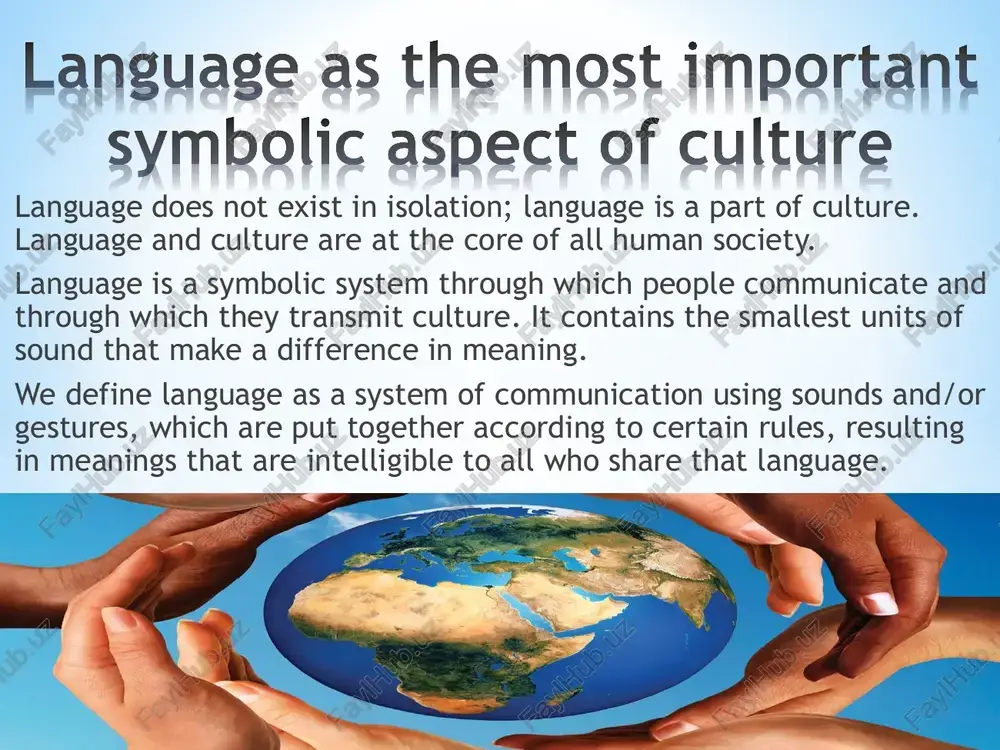 nk you for attention!!! slayd 1, what is language? slayd 2, interaction between language and culture slayd 3 slayd 4, language as the most important symbolic aspect of culture slayd 5 slayd 6 slayd 7, language and thinking slayd 8 slayd 9, cultural thought patterns behind the language of communication slayd 10 slayd 11