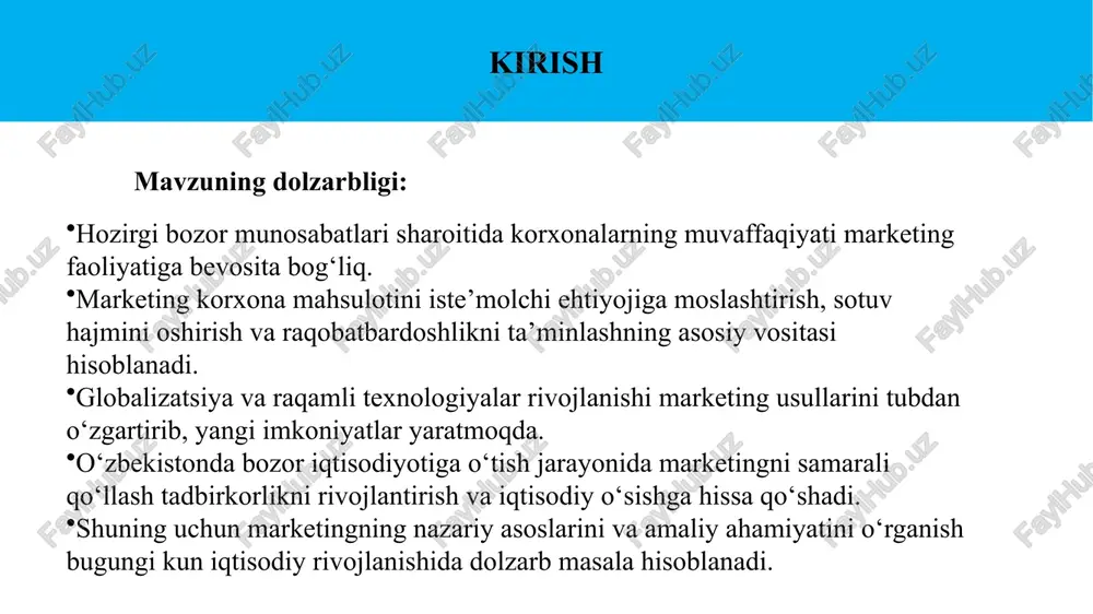 qaror qabul qilishga undaydi. korxona va mijoz o‘rtasidagi aloqa ko‘prigi — iste’molchi fikr-mulohazasini o‘rganib, mahsulot sifatini oshirishga imkon yaratadi. iqtisodiy o‘sishga hissa qo‘shadi — marketing orqali samarali sotuv va eksport hajmining ortishi iqtisodiyot rivojiga xizmat qiladi. 🔹 asosiy funksiyalari: bozorni o‘rganish (tahlil qilish): talab, taklif, raqobatchilar va iste’molchilar ehtiyojini aniqlash. mahsulotni rejalashtirish va rivojlantirish: yangi mahsulot yaratish, mavjudini takomillashtirish, brendni shakllantirish. narx belgilash: bozordagi sharoit va xaridor to‘lov qobiliyatiga mos narx strategiyalarini ishlab chiqish. sotuv va taqsimot: mahsulotni xaridorlarga yetkazishning eng qulay kanallarini tanlash va rivojlantirish. rag‘batlantirish: reklama, pr, savdo aksiyalari, sodiqlik dasturlari orqali xaridorlarni jalb etish. aloqa va xizmat ko‘rsatish: mijozlar bilan doimiy aloqani rivojlantirish, sotuvdan keyingi xizmat ko‘rsatish. 🔹 vazifalari: iste’molchi ehtiyojlarini o‘rganib, unga mos mahsulot taklif etish. bozor ulushini oshirish va korxonaning raqobatbardoshligini kuchaytirish. mahsulotni samarali targ‘ib qilish va sotishni rag‘batlantirish. innovatsion marketing yondashuvlarini (raqamli marketing, internet reklama) joriy etish. korxona foydasini oshirish va uzoq muddatli rivojlanishni …