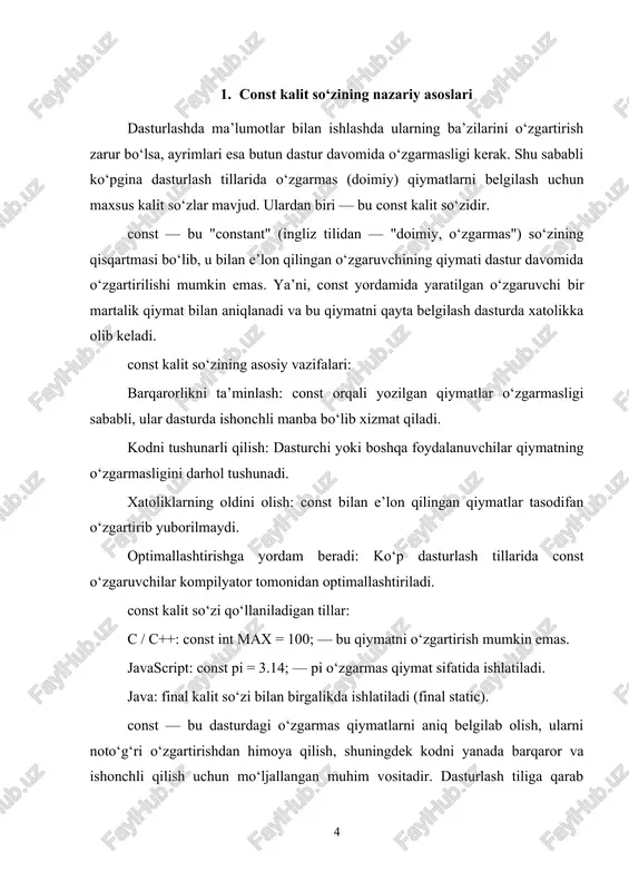 jihatdan, literal qiymatlar — bu kod ichidagi “statik ma’lumot resurslari”, ular yordamida dasturchi dasturdagi hisoblashlarning boshlang‘ich nuqtalarini belgilaydi. shu sababli, literal qiymatlar dasturlashning semantik yadrosi bo‘lib, dastur mantig‘ining qat’iy va o‘zgarmas elementlari hisoblanadi. dasturlash nazariyasida literal qiymatlar — bu dastur kodida to‘g‘ridan-to‘g‘ri ifodalangan, aniq va o‘zgarmas ma’lumot birliklari hisoblanadi. literal qiymat — bu sintaktik birlik sifatida dasturiy tillarning asosiy elementlaridan biridir, u dastur jarayonida o‘zgarmaydigan, qat’iy belgilangan va o‘z-o‘zidan mustaqil qiymatni ifodalaydi. bu tushuncha dasturlash tillarining har qanday tip tizimida, sintaksis va semantikasida o‘z o‘rniga ega. literal qiymatning nazariy mohiyati: literal qiymat dastur kodida statik ma’lumotlarni bevosita ifodalash vositasidir. u dasturdagi o‘zgaruvchilar yoki funksiyalar orqali hosil qilinmaydi, balki kodning o‘zida yozilgan aniq va qat’iy qiymat sifatida qabul qilinadi. literal qiymatlar dastur semantikasi nuqtai nazaridan mustaqil va o‘zgarmasdir, ya’ni ular dastur ishlash vaqtida qiymatini o‘zgartirmaydi, uni boshqa qiymat bilan almashtirish mumkin emas. shu nuqtai nazardan, literal qiymatlar dasturdagi ma’lumotlarning statik segmentini …