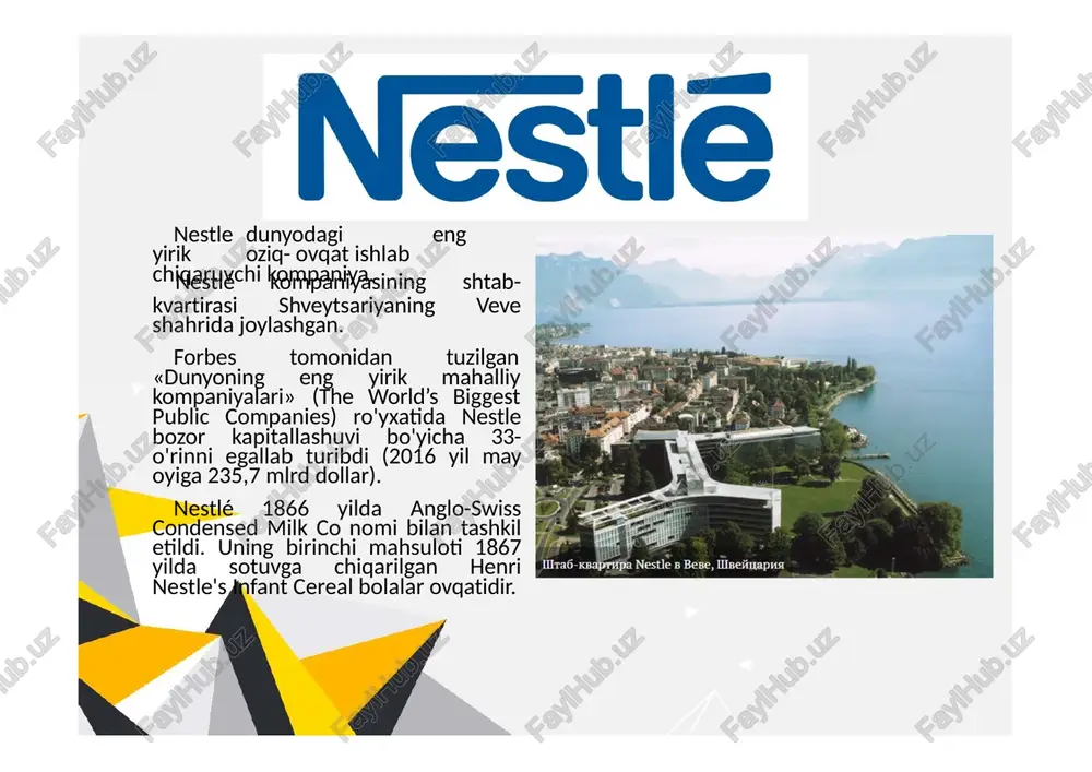 di va iltimosiga binoan nestle kompaniyaning chinakam afsonaviy mahsuloti - nescafe eriydigan ichimliklarini ishlab chiqardi. u arzonligi va yaxshi ta'mi tufayli tezda mashhur bo'ldi. nescafe ichimligi tufayli kompaniya ikkinchi jahon urushi (1939-1945) davrida foydaga erishdi.agar 1943 yilda nestlening daromadi taxminan 100 million dollarni tashkil etgan bo'lsa, urushdan keyin bu ko'rsatkich 245 million dollarni tashkil etdi. nestle alimentana a.s. (taniqli maggi ziravorlari ) ni sotib oldi.urushdan so‘ng savdo hajmi 50 % ga oshdi. konsern tez tayyorlanadigan sho'rvalar, ziravorlar, mevali sharbatlar, muzlatilgan sabzavotlar va boshqalarni ishlab chiqarishni boshladi. 1974 yilda nestle ga qarshi qator kompaniyalar uni haddan tashqari reklama va bolalarni sun'iy oziqlantirishni targ'ib qilishda aybladi. third work working tashkiloti "nestle bolalarni o'ldiradi" deb nomlangan maqolani chop etdi. nestle bu tashkilotni dalillari bolmaganligi uchun sudga berdi va yutib chiqdi. kompaniya oziq-ovqat sanoatidan tashqariga chiqish maqsadida l'oreal kosmetik brendi va alcon laboratories inc farmatsevtika va oftalmologik zavodining aksiyalari sotib olgan. nestle uzbekistan kompaniyasi …