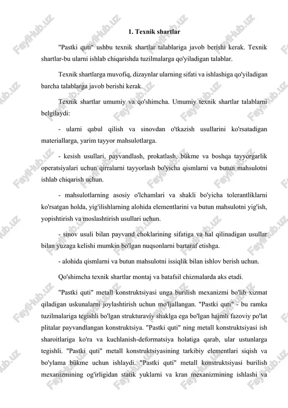 uzunligi gost 19903-74 da ko'rsatilgan me'yorlardan oshmasligi kerak ishlab chiqaruvchining iste'molchi bilan kelishuviga binoan, varaqlarda ishlab chiqarilgan rulonning o'roqsimon uzunligi 1 m uchun 2 mm dan oshmasligi kerak. iste'molchining ishlab chiqaruvchi bilan kelishuviga binoan, rulonning o'roqsimon shakllanishining yana bir marjinal qiymati o'rnatilishi mumkin. choyshabni kesish to'g'ri burchak ostida amalga oshirilishi kerak. reya kosinasi va o'roqsimon varaqlarni kengligi va uzunligi bo'yicha nominal o'lchamlardan tashqariga chiqarmasligi kerak. prokat qalinligini o'lchash amalga oshiriladi: a) choyshablarda-uchlaridan kamida 100 mm va qirralaridan kamida 40 mm masofada: b) rulonlarda – qirralardan kamida 40 mm va rulonning uchidan kamida 2 m masofada. "avtokranning pastki qutisi" metall konstruktsiyasi st3ps po'latdan yasalgan. chelik gost 19903-74 bo'yicha choyshab shaklida etkazib beriladi, po'latning kimyoviy tarkibi gost 4543-71 ga mos kelishi kerak. po'latning kimyoviy tarkibi 1.1-jadvalda keltirilgan. jadval №1.1-gost 380-94 bo'yicha st3ps po'latining kimyoviy tarkibi s si mn ni s r cr n cu as 0.14–0.22 0.05–0.15 04–0.65 do 0.3 do 0.05 …