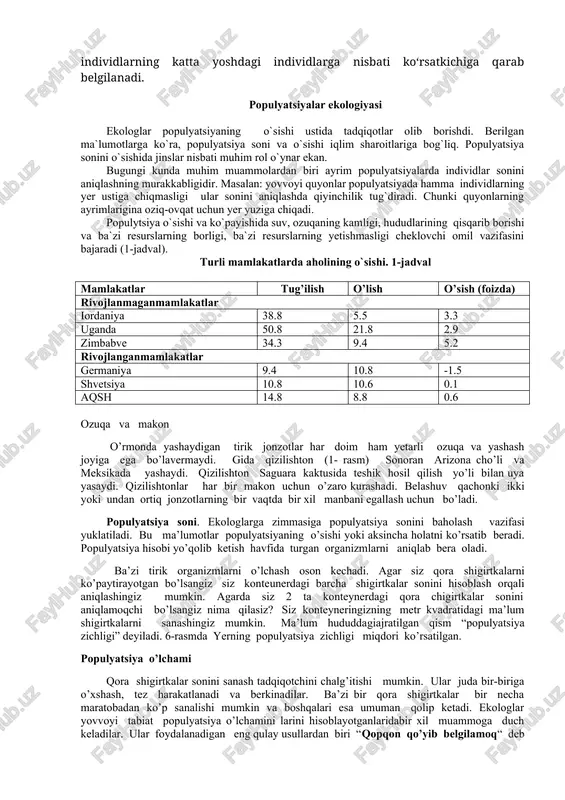 hi uchun zarur sharoitlarni ta’minlovchi hududni (territoriyani) egallashga harakat qiladi. ko‘p hayvonlar o‘zlari uchun ovqat manbayi bo‘lgan, uyalar quradigan territoriyalarni belgilab qo‘yadilar va uni boshqa populyatsiyalardan yoki individlardan himoya qiladilar. hududiylik ijobiy ahamiyatga ega bo‘lib, populyatsiyaning ayrim joylarda haddan tashqari ko‘payib ketishiga yo‘l qo‘ymaydigan cheklovchi omillardan biri hisoblanadi. populyatsiyalarning dinamikasiga bir turga kiruvchi har xil populyatsiyalar orasidagi va har xil turlarga kiruvchi populyatsiyalar orasidagi raqobat shakllari ham katta ta’sir ko‘rsatadi. tabiiy sharoitlarda raqobatbardosh populyatsiyalar ko‘proq saqlanib qoladi, raqobatga chiday olmaganlar esa butunlay yo‘qolib ketadi. tasodifiy o‘zgarishlar yong‘in, suv toshqini, ob-havoning keskin o‘zgarishi, dovullar, zilzilalar kam sonli populyatsiyalarga juda kuchli ta’sir ko‘rsatadi. bunday populyatsiyalarda ko‘pin- sichqonlar populyatsiyasida ovqatning cheklovchiomil ekanligini ko‘rsatuvchi tajribalar. cha tug‘ilish o‘limning o‘rnini to‘ldira olmaydi va bir necha yil davomida ular qirilib ketadi. tabiiyki, populyatsiya har xil jinsli va yoshdagi individlardan tashkil topadi. populyatsiyaning yoshi, tarkibi undagi individlar umrining o‘rtacha uzunligiga, jinsiy yetilish vaqtiga, ko‘payish jadalligiga bog‘liq. populyatsiyalarda …