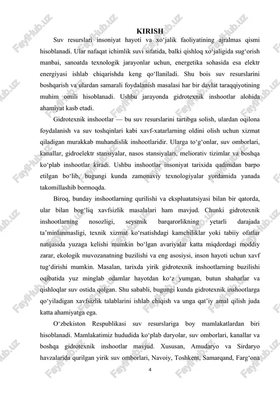 iyroq rioya etishni talab qiladi. ushbu kurs ishining maqsadi — gidrotexnik inshoatlarga qo‘yiladigan xavfsizlik talablarini chuqur o‘rganish, ularning nazariy asoslarini tahlil qilish, metodologik jihatlarini ko‘rib chiqish hamda amaliy hisob-kitob orqali ularning barqarorligini baholashdir. kurs ishining vazifalari quyidagilardan iborat: · gidrotexnik inshootlarning turlari va ahamiyatini yoritib berish; · xavfsizlik talablarining nazariy asoslarini ko‘rib chiqish; · xavfsizlikka tahdid soluvchi omillarni aniqlash; · xalqaro tajribani tahlil qilish va o‘zbekiston sharoitiga tatbiq etish imkoniyatlarini ko‘rsatish; · amaliy hisob-kitoblar asosida inshootlarning xavfsizlik darajasini baholash. shunday qilib, mazkur kurs ishi gidrotexnik inshootlarning xavfsizlik talablarini nazariy, metodologik va amaliy jihatdan ko‘rib chiqishga qaratilgan bo‘lib, natijada bu sohada mavjud muammolarni aniqlash va ularning samarali yechimlarini taklif etishga xizmat qiladi. asosiy qism 1.1. gidrotexnik inshootlar haqida umumiy tushuncha insoniyat tarixida suv resurslari hayotiy zarurat sifatida alohida o‘rin tutib kelgan. oziq-ovqat yetishtirish, ichimlik suvi bilan ta’minlash, daryolardan o‘tish, sug‘orish tizimlarini tashkil etish va keyinchalik elektr energiyasi ishlab chiqarish kabi ehtiyojlar …
