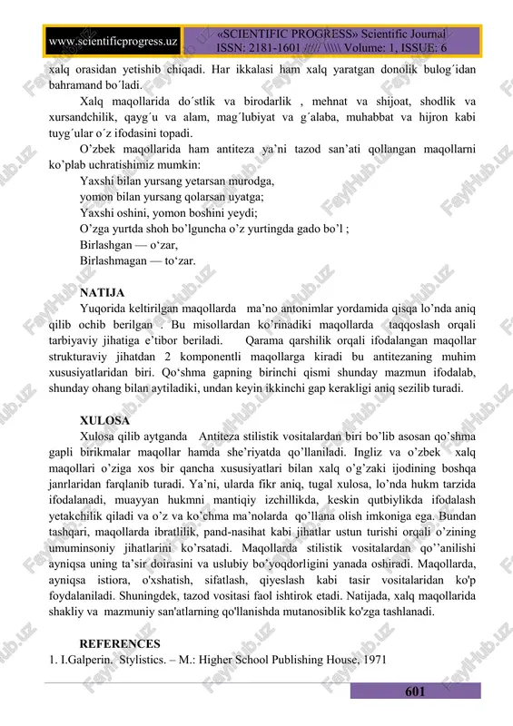 qol mehnatkash xalqning nutqida qo’llanilgan bo’lsa, u shu sinf manfaatlariga xizmat qiladi yoki aksincha. o‘zbek va ingliz xalq maqollari sirasiga kiruvchi maqollardan: inglizcha: a bad beginning makes a bad ending o’zbekcha: yomonchilik bo'lganda, qor ustiga muz yog'ar. inglizcha: a good beginning makes a good ending. biror ishning natijasi qanday bo‘lishi, uning qanday boshlanishiga bog‘liq ekanligi maqollarda ham o‘z aksini topa olgan. odatda boshlagan ishimizning yakuni uni qanday ruhiyatda boshlashimizga va yon - atrofimizdagilarni bunga bo‘lgan munosabatiga bog‘liq bo‘ladi. shuning uchun ham ishni yaxshi boshlasak yaxshi, aksincha, yomon boshlasak, yomon yakun topishi maqollarda ifodalangan. maqol bu xulosa, lekin u hali so`nggi manzil, xayolot sarhali emas. maqol qandaydir muayyan holatda-xulosa, boshqa holatda-faraz bo`lib, yangi muammolarni ko`ndalang ko`yadi. maqolning qiymati uning tub-tubiga kirib borishni talab etuvchi ma`nosini sharhlab berilganda ma`lum bo`ladi. mulohazalarda, suhbatlarda, bahslarda maqollarni sharhlab berish xalq ichida keng yoyilgandir. xalq o´zining dono so´zlari bilan mehnatsevar kishilarrni ardoqlasa, yalqov va mehnatdan qochuvchi …