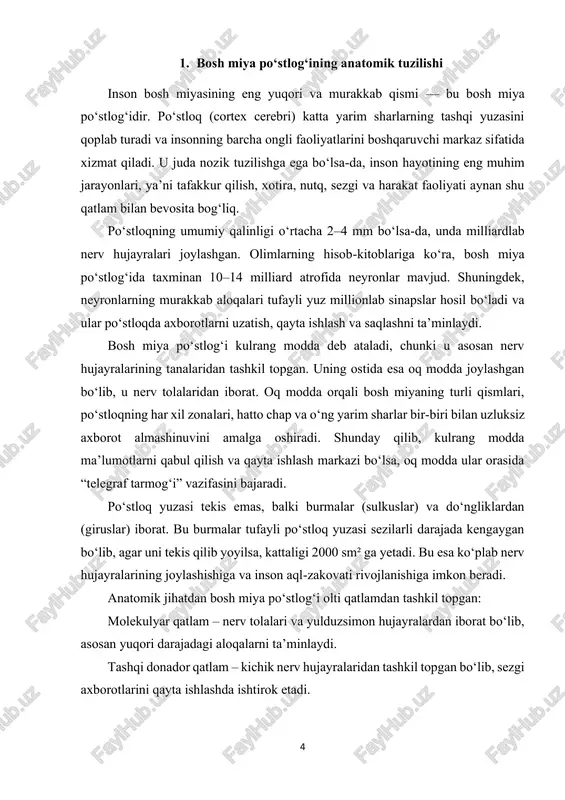 ko‘rish tasviriga aylantirishdir. ko‘z to‘r pardasida hosil bo‘lgan axborot nerv impulslariga o‘zgartiriladi va ko‘ruv nervi orqali ensa bo‘lagiga uzatiladi. shu yerda kelgan ma’lumotlar tahlil qilinib, inson atrofdagi narsalarni shakli, rangi, o‘lchami va harakatini anglaydi. ensa bo‘lagi ichida bir nechta maxsus zonalar mavjud: 6 birlamchi ko‘rish zonasi (v1) – asosiy ko‘ruv ma’lumotlarini qabul qiladi. masalan, yorug‘lik va soyalarni ajratish, predmetlarning konturlarini ko‘rish. ikkinchi darajali ko‘rish zonalari (v2, v3, v4 va boshqalar) – ranglarni, shakllarni, chuqurlikni va harakatlarni qayta ishlaydi. assotsiativ ko‘rish zonalari – ko‘rish ma’lumotlarini boshqa analizatorlar bilan bog‘laydi. masalan, predmetni ko‘rib uning nomini eslash yoki harakatini oldindan taxmin qilish. agar ensa bo‘lagiga zarar yetadigan bo‘lsa, turli ko‘rish buzilishlari paydo bo‘ladi. masalan: birlamchi ko‘rish zonasi zararlansa, odam umuman ko‘rmay qolishi mumkin. ikkinchi darajali zonalarga zarar yetganda esa ko‘rish qisman saqlanib qoladi, biroq inson ranglarni ajrata olmaydi, predmetlarni tanimaydi yoki harakatlarni farqlashda qiyinchilikka duch keladi. bu holat ilmiy adabiyotlarda agnosiya deb ataladi. …