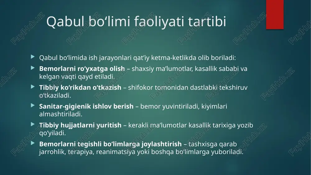 ikasi belgilanadi. qabul qilish bo‘limining shifokorlari o‘rta tibbiyot xodimlari bilan birgalikda kasallik tarixini to‘ldiradilar (bemorning statsionar kartasi). uning titul saxifasida quyidagilar mavjud: • familiyasi, ismi, otasining ismi, • yoshi (va tug‘ilgan sanasi), • yashash joyi, • bemorning ish joyi, • yaqin qarindoshlari telefonlari yoki manzillari, • nogironlik xaqida guvoxnoma, dorilarga allergiyasi xaqida, qon guruxi, kasallikning boshlanish davri (favqulodda kasalxonaga yotqizilganlar uchun) to‘g‘risida eslatma. xirurgik kasallar transportirovkasi. zarur bo‘lganda, bemorni qabul bo‘limidan darxol jarroxlik yoki reanimatsiya-anesteziologiya bo‘limiga yoki operatsiya xonasiga transportirovka qilish mumkin. bemorlarni transportirovkasi shifokor tomonidan belgilanadi va bemorning axvoliga va kasallikning xususiyatlariga bog‘liq bo‘ladi. 267 mustaqil ravishda xarakatlana oladigan bemorlar xamshira yoki sanitarka bilan birga piyoda xirurgik bo‘limga borishadi. og‘ir bemorlar katalka yoki kreslo-katalka yordamida, yotgan xolda transportirovka qilinadi. xirurgik bemorlarni transportirovkasining quyidagi usullari ajratiladi: 1. bosh suyagi sinishlarida bemor transportirovkasi nosilkaning 9zambilning) bosh qismi tushirilgan xolatda, bemor orqasiga yotgan xolda, yostiqlarsiz amalga oshiriladi. boshi atrofiga odeal yoki kiyimdan …