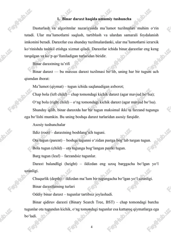sh amallari juda tez bajariladi. ammo tugunlar tartibsiz yoki noto‘g‘ri joylashtirilganda daraxt notekis o‘sib ketadi va u oddiy ro‘yxat ko‘rinishiga kelib qoladi. bu esa amallarning vaqt murakkabligini o(n) gacha oshiradi. shu sababli binar daraxtlarda muvozanat (balans) tushunchasi kiritilgan. muvozanat tushunchasi: muvozanatlangan binar daraxt — bu shunday daraxtki, undagi har bir tugunning chap va o‘ng kichik daraxtlari balandligi orasidagi farq ma’lum chegaradan oshmaydi. boshqacha qilib aytganda, daraxt “yonbosib” ketmasdan, imkon qadar simmetrik holda shakllanadi. formal ta’rif: agar har bir tugun uchun chap va o‘ng kichik daraxtlarning balandligi farqi 1 dan katta bo‘lmasa, bunday daraxt muvozanatlangan daraxt deb ataladi. nima uchun muvozanat kerak? oddiy binar daraxtlarda qidiruv eng yomon holatda o(n) vaqt oladi. muvozanatlangan daraxtlarda esa amallar doimiy ravishda o(log n) vaqt murakkabligida bajariladi. daraxtning balandligi taxminan log₂(n) ga teng bo‘ladi, bu esa katta hajmdagi ma’lumotlarni ham samarali boshqarish imkonini beradi. muvozanatlangan binar daraxtlarning xossalari balandlik nazorati – daraxtning balandligi imkon qadar …