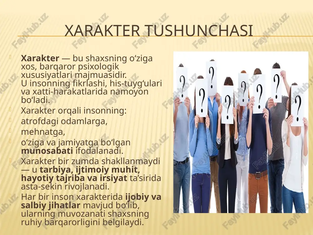 g‘ularga tez berilish – inson hissiyotlarga juda tez va kuchli reaksiya ko‘rsatadi. vaziyatlarga haddan tashqari javob – kichik voqea yoki so‘z ham kuchli reaktsiyani keltirib chiqaradi. kayfiyatning tez o‘zgarishi – ba’zida quvnoq, ba’zida tushkun bo‘lish. boshqalar ta’siriga oson berilish – fikr va xatti-harakatlarni boshqalar tez ta’sir qilishi mumkin. konfliktlarga moyillik – kichik tushunmovchiliklardan tortib, keskin munozaralarga kirishish. harakat va energiya darajasining o‘zgaruvchanligi – ba’zida faol, ba’zida sust va passiv bo‘lish. sezgirlik va tashvish – tanqid va e’tibor markazida bo‘lishga ortiqcha moyillik. ushbu belgilar shaxsda aksentuatsiya mavjudligini ko‘rsatadi, lekin ular psixik buzilish darajasiga yetmaydi. me’yorlashtirish (korreksiya) maqsadi xarakter aksentuatsiyasini me’yorlashtirish shaxsning xulq-atvorini ijtimoiy me’yorlarga moslashtirish va ortiqcha kuchaygan xususiyatlarni yumshatish maqsadida amalga oshiriladi. me’yorlashtirishning asosiy maqsadlari: shaxsning kuchli tomonlarini to‘g‘ri yo‘naltirish – faollik, ijodkorlik, qat’iyatni ijobiy ishlatish. ijtimoiy moslashuvni yaxshilash – o‘zini boshqarish, muloqot va jamiyatdagi ro‘lni to‘g‘ri anglash. salbiy xulq-atvorni kamaytirish – haddan tashqari hissiy reaktsiyalar, konfliktlarga moyillikni nazorat qilish. …