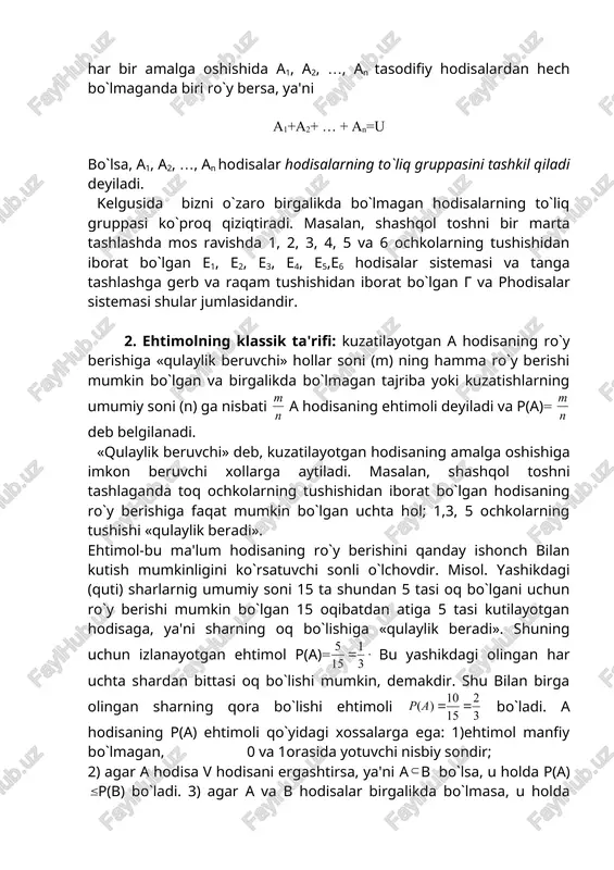 tgan ehtimol p(a)= bu yashikdagi olingan har uchta shardan bittasi oq bo`lishi mumkin, demakdir. shu bilan birga olingan sharning qora bo`lishi ehtimoli bo`ladi. a hodisaning r(a) ehtimoli qo`yidagi xossalarga ega: 1)ehtimol manfiy bo`lmagan, 0 va 1orasida yotuvchi nisbiy sondir; 2) agar a hodisa v hodisani ergashtirsa, ya'ni a v bo`lsa, u holda r(a) r(v) bo`ladi. 3) agar a va v hodisalar birgalikda bo`lmasa, u holda r(a+v)=r(a)+r(v) bo`ladi. bu xossa ehtimollarni qo`shish teoremasi deb ataladi. 4)muqarrar hodisaning ehtimoli birga teng; r [u]=1 5)ro`y berishi mumkin bo`lmagan hodisaning ehtimoli nolga teng. p[v]=0 6) ( ) qarama-qarshi hodisaning ehtimolini birgacha to`ldiradi, ya'ni r(a)+r( )=1; ahodisaning ehtimolini qulaylik uchun r orqali belgilash qabul qilingan. r(a)=r va r[ ]=q; r+q=1 bo`lgani uchun r=1-q. ehtimolning xossalari yuqorida qayd qilingan xossalar bilan cheklanmaydi. tasodifiy hodisalarni o`rganish bilan butun bir fan-ehtimollar nazariyasi shug`ullanadi. hodisa ehtimolining statistik ta'rifi. ehtimolning klassik ta'rifi va undan kelib chiqadigan r(a)( formuladan tajribalarning mumkin …